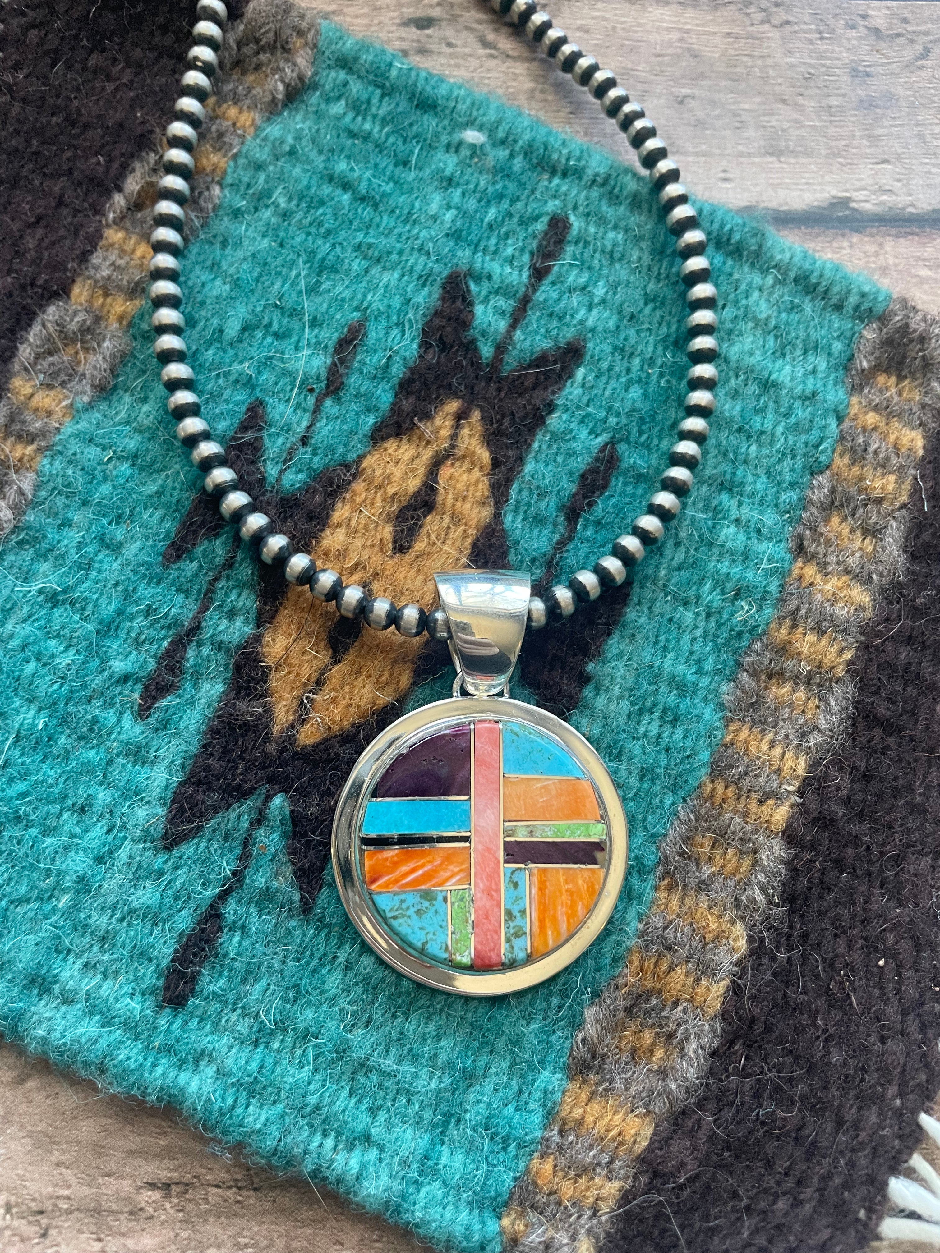 Navajo Multi Stone Inlay & Sterling Silver Circle Pendant