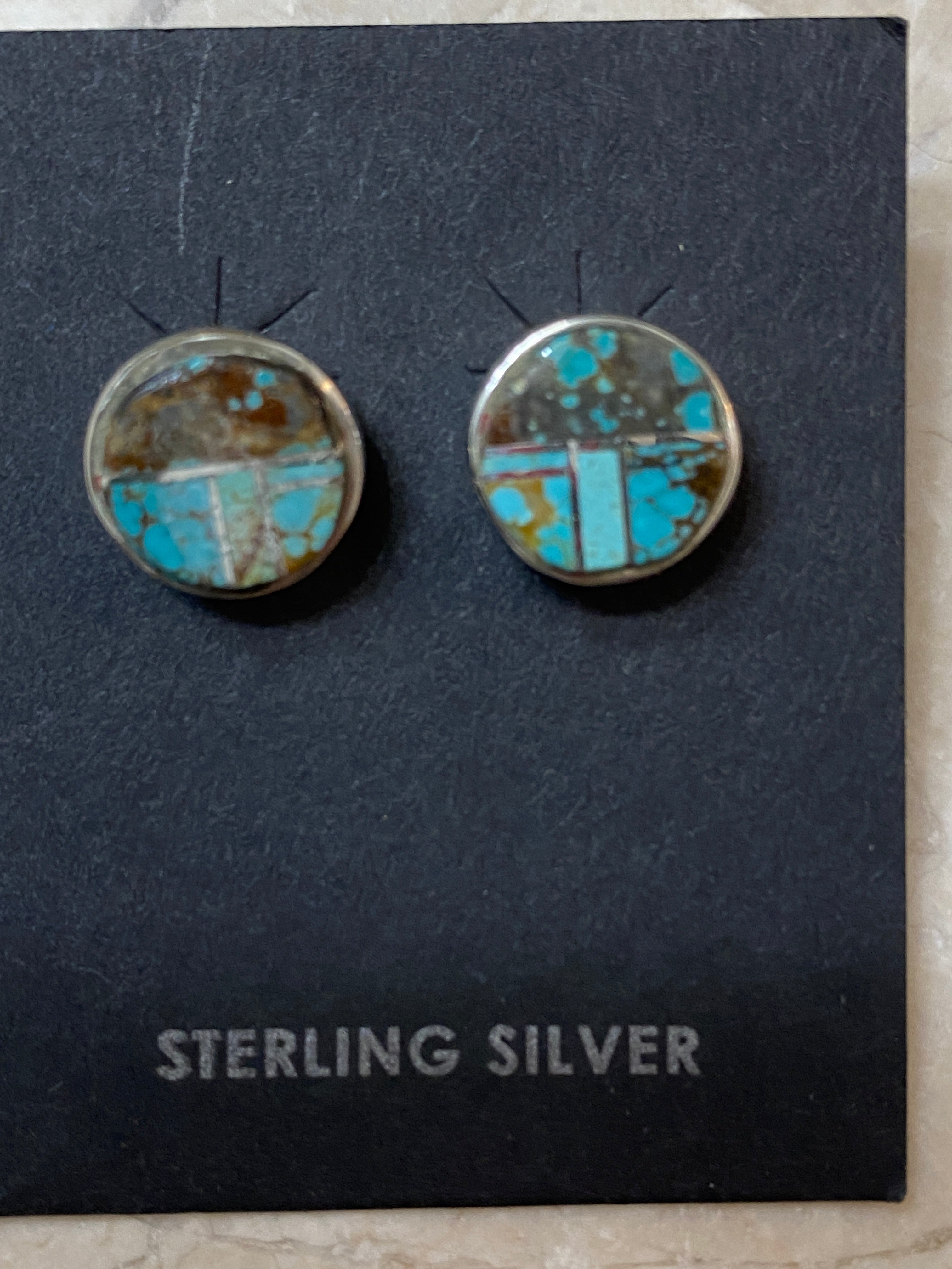 Navajo Turquoise 8 more Matrix & Sterling Silver button Stud Earrings set 2