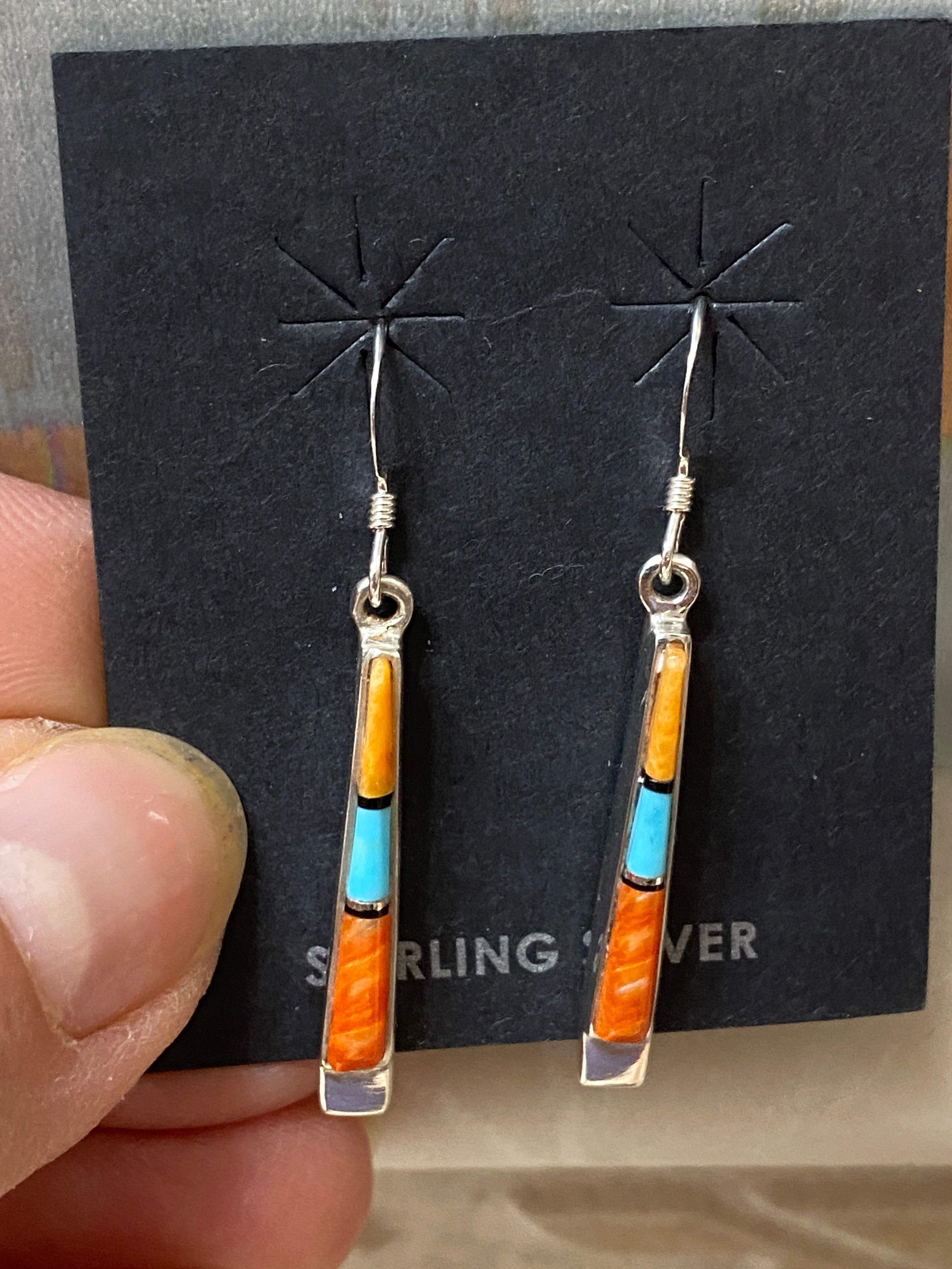 Navajo Turquoise Orange Spiny Dangle Straight Earrings