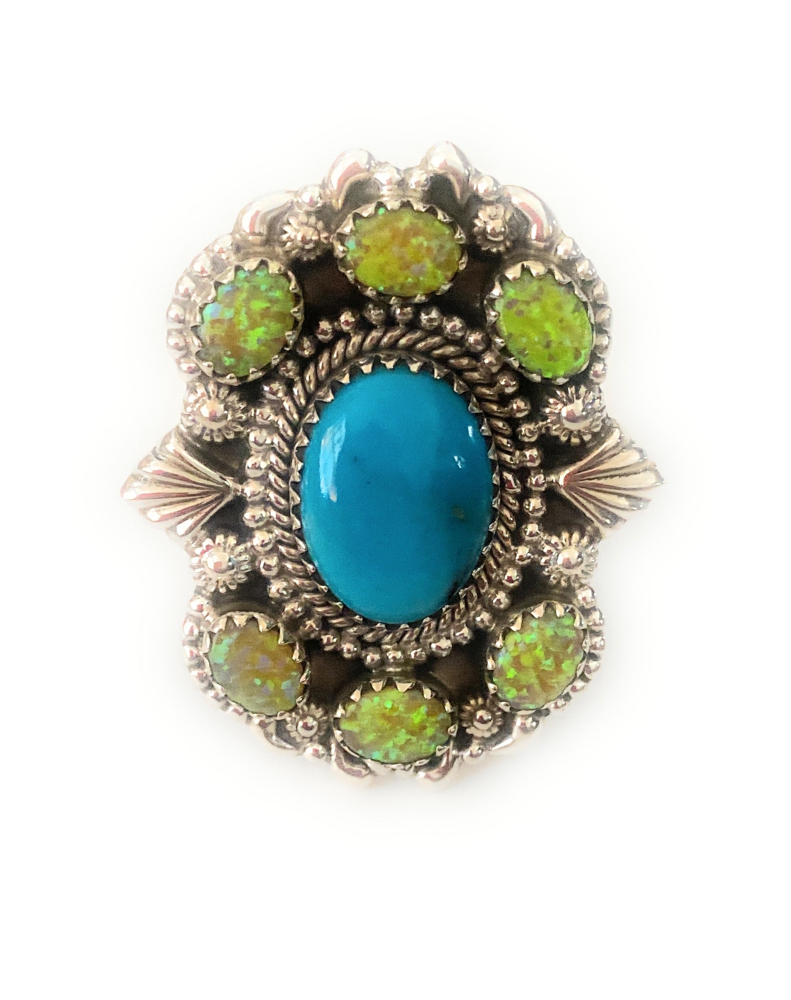 Handmade Sterling Silver, Turquoise & Opal Cluster Adjustable Ring