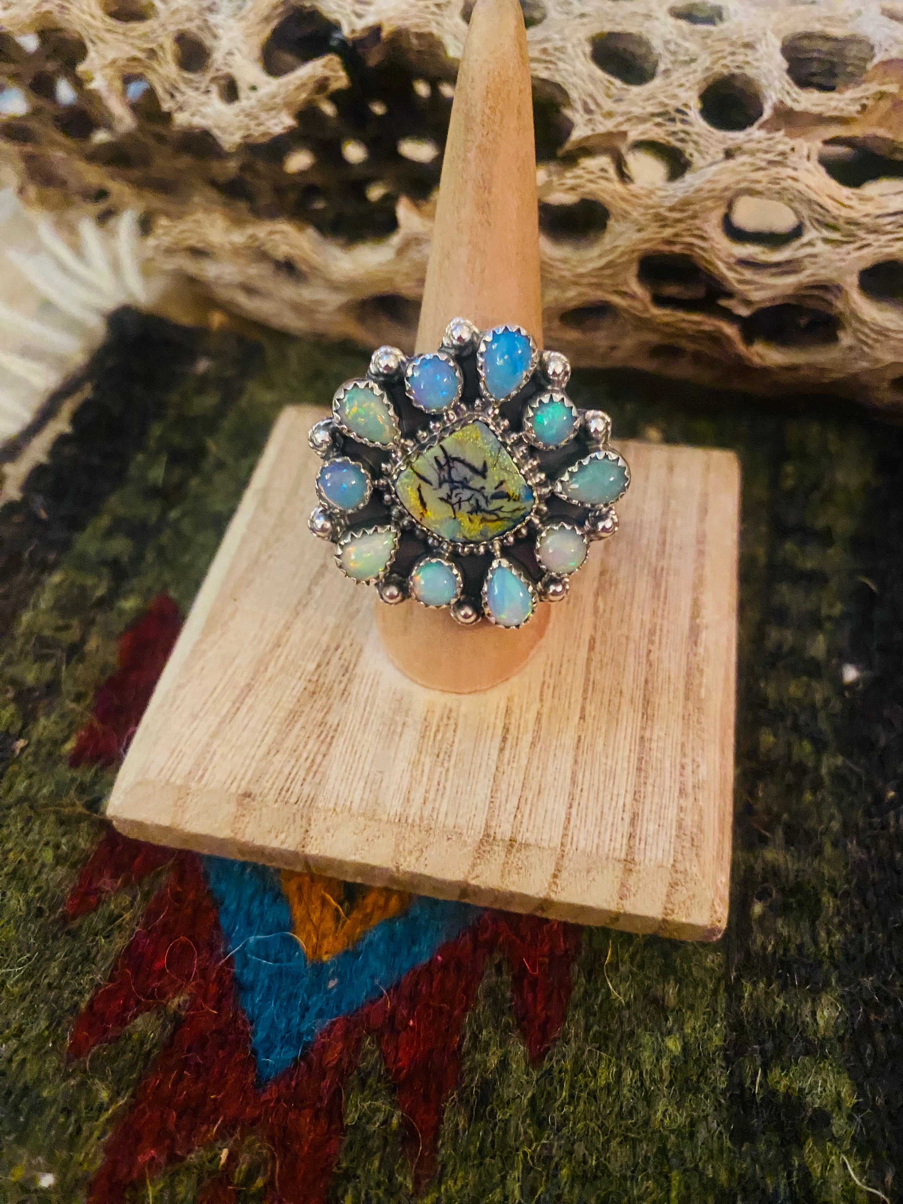 Handmade Sterling Silver & Opal Cluster Adjustable Ring