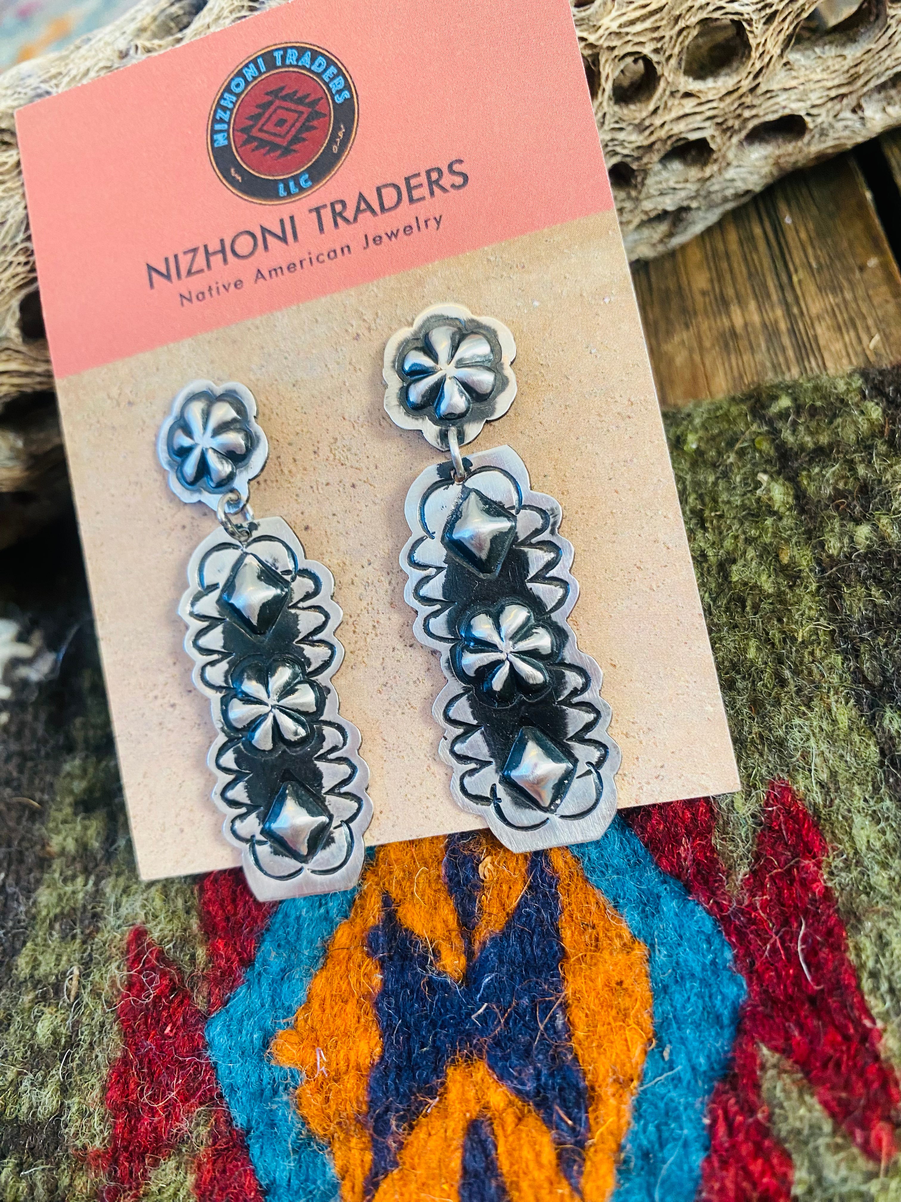 Navajo Sterling Silver Concho Dangle Earrings By Leander Tahe