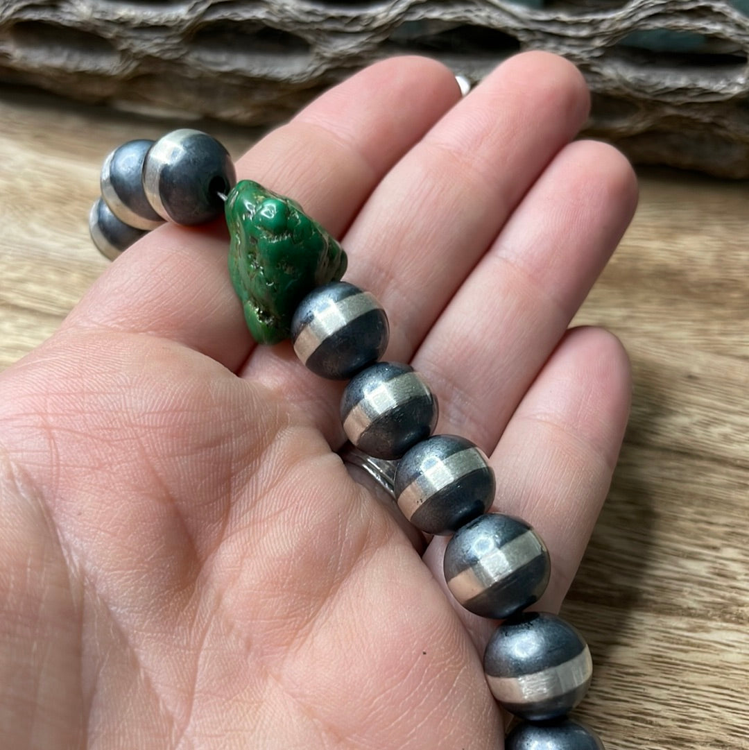 Navajo Sterling Silver And Natural Kingman 12mm Beaded Bracelet