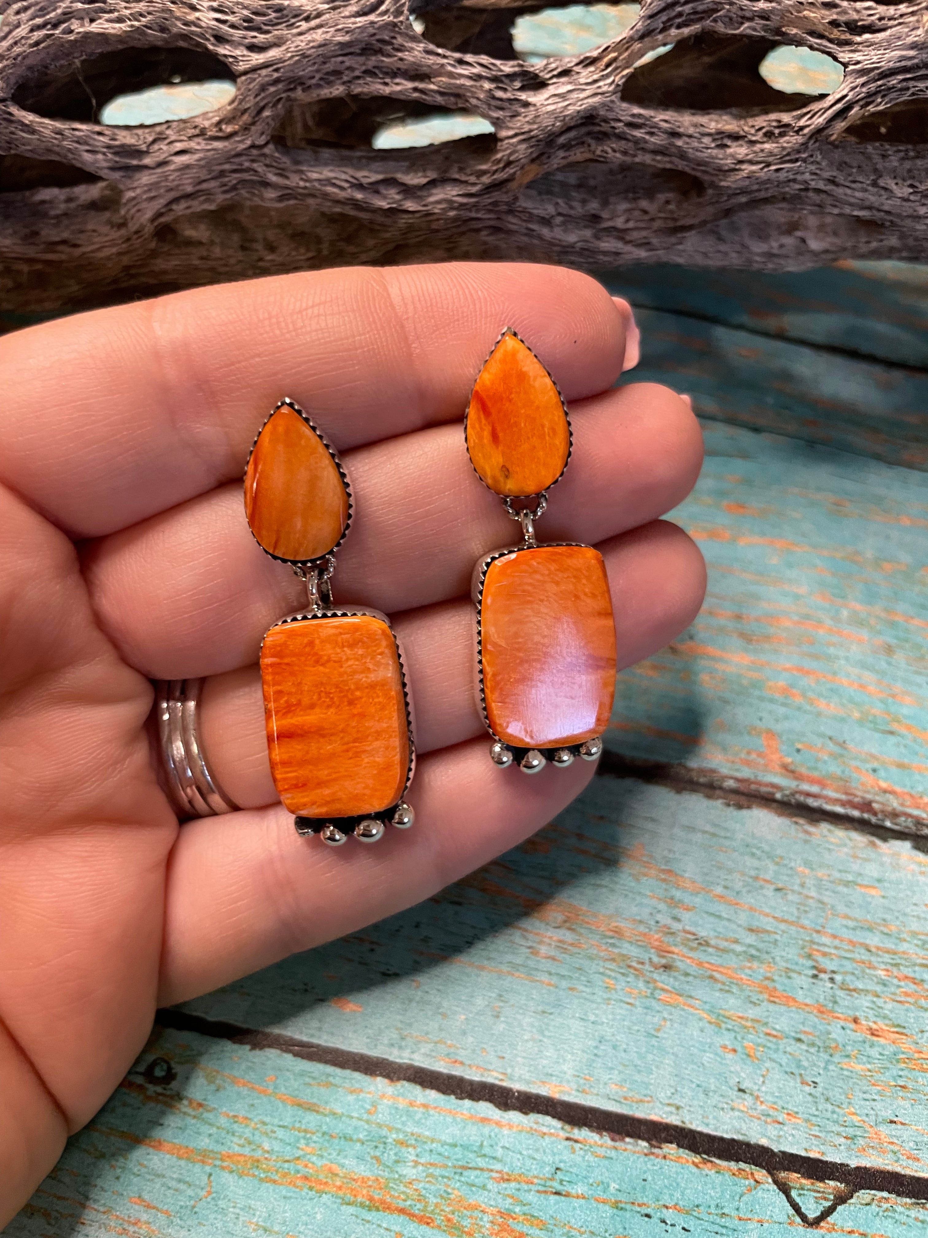 Navajo Sterling Silver And Coral Dangle Earrings