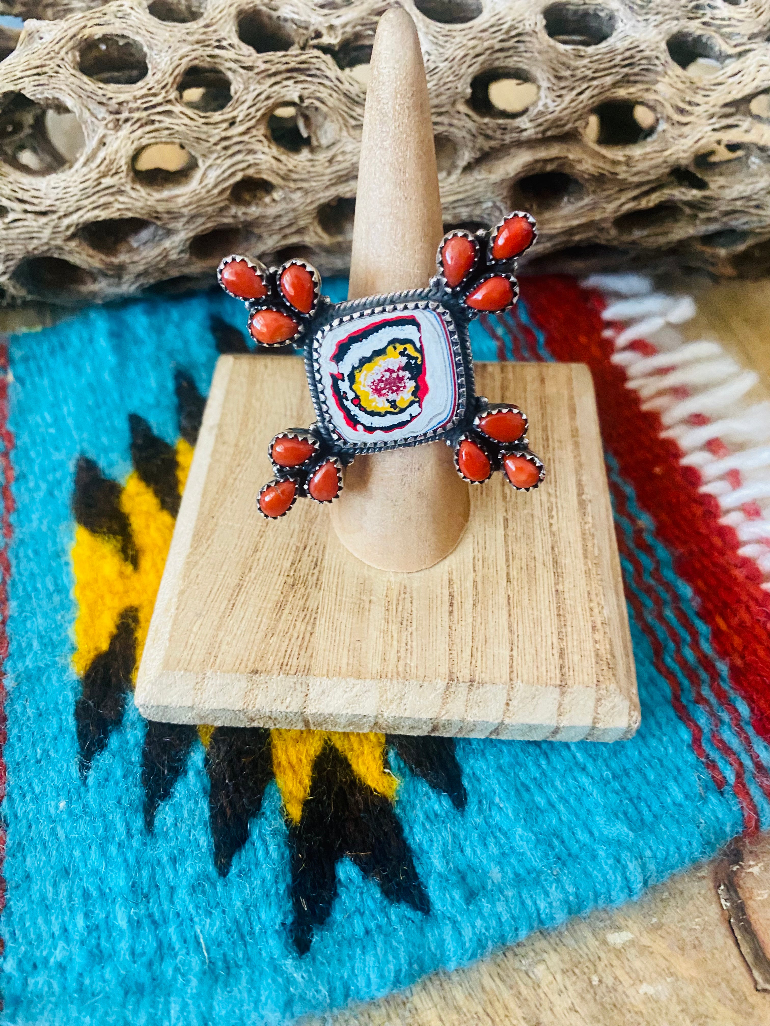 Handmade Sterling Silver, Fordite & Coral Cluster Adjustable Ring