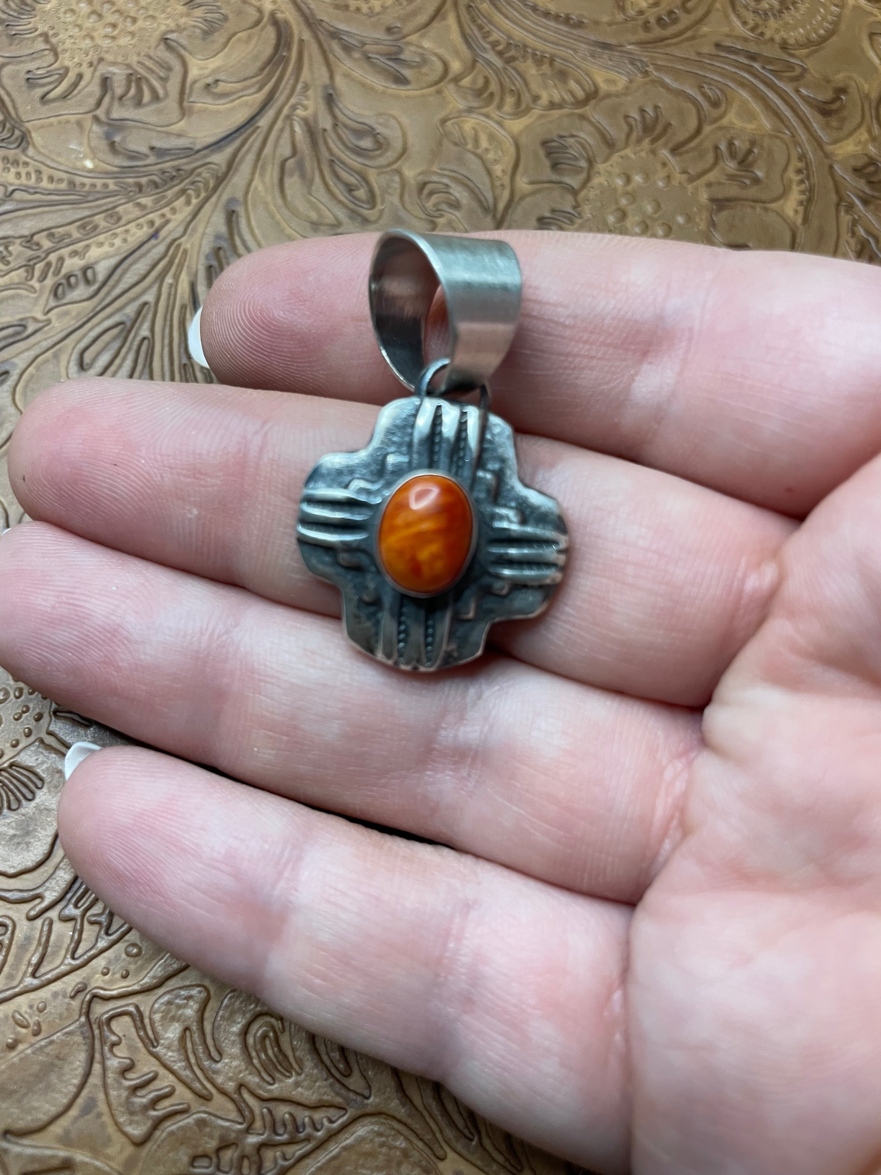 Navajo Sterling Silver Orange Spiny Pendant By Chimney Butte