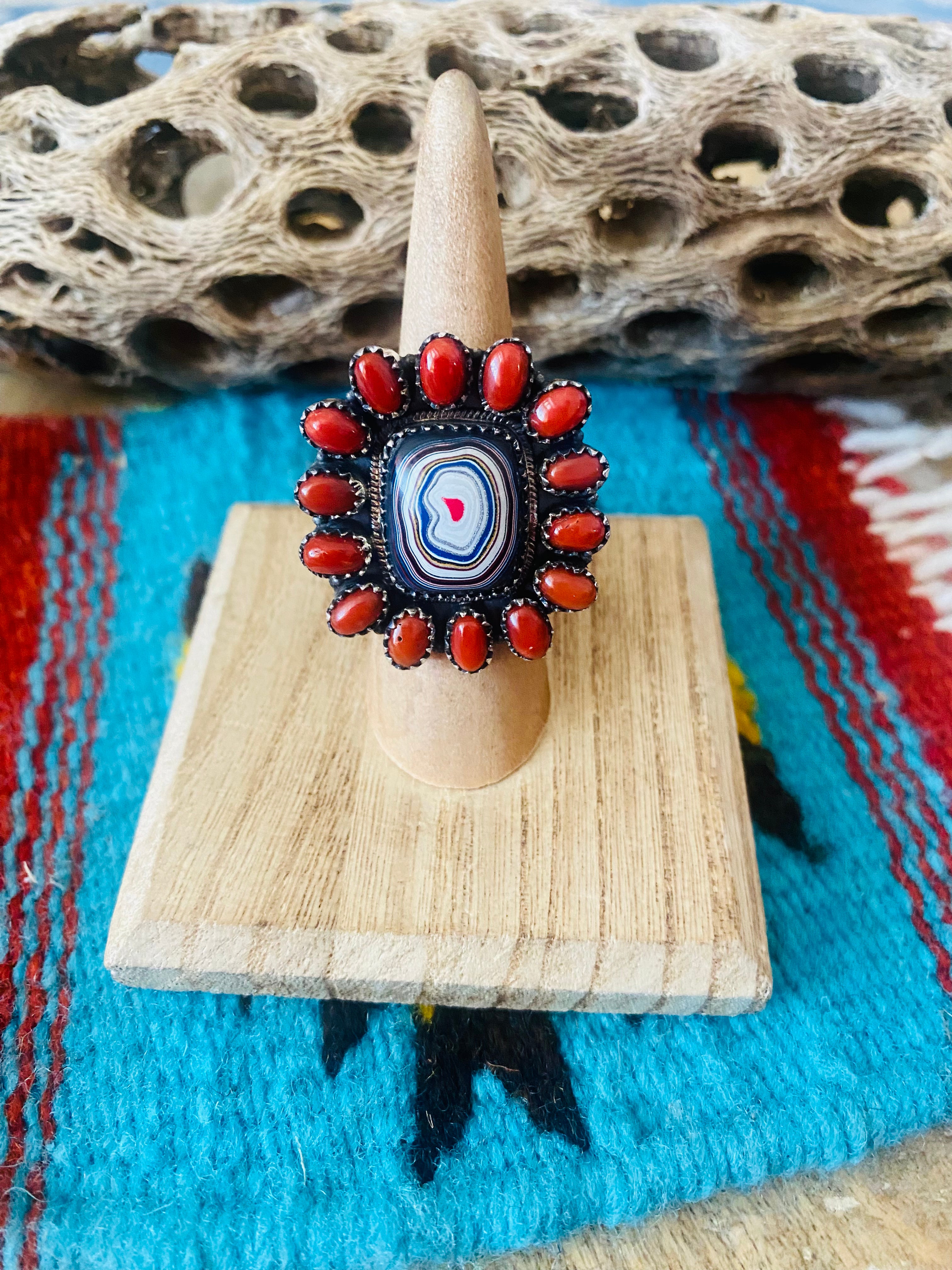 Handmade Sterling Silver, Fordite & Coral Cluster Adjustable Ring