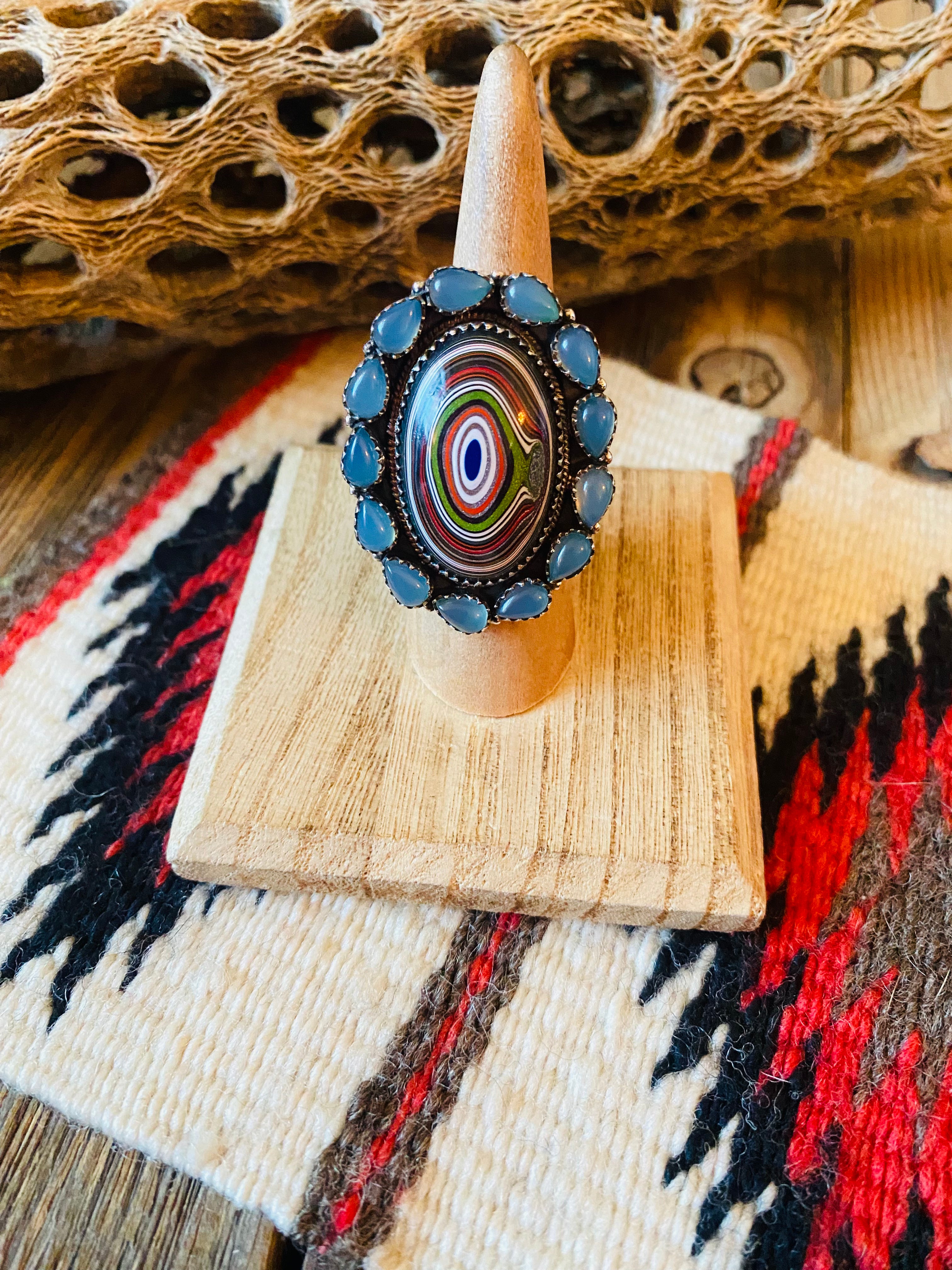 Handmade Sterling Silver, Fordite & Blue Chalcedony Cluster Adjustable Ring