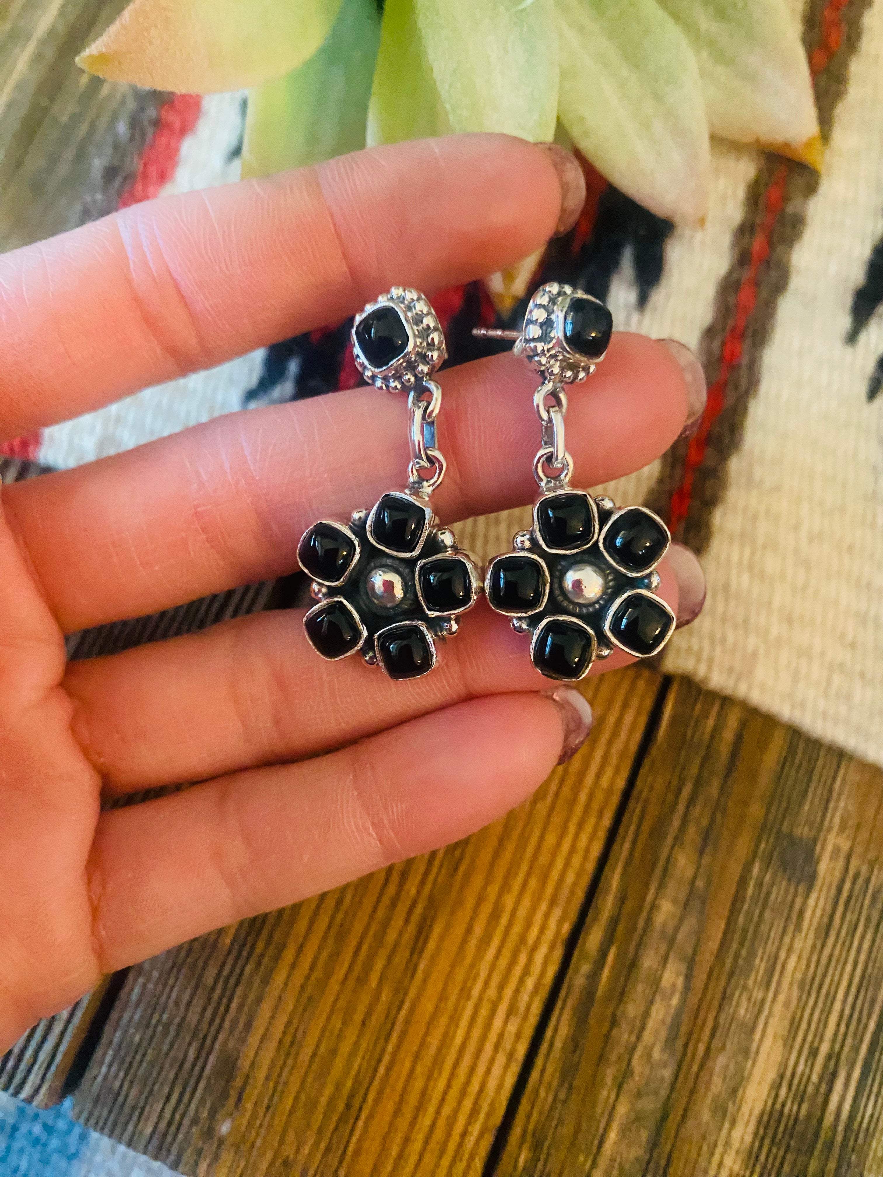 Handmade Black Onyx And Sterling Silver Cluster Dangle Earrings