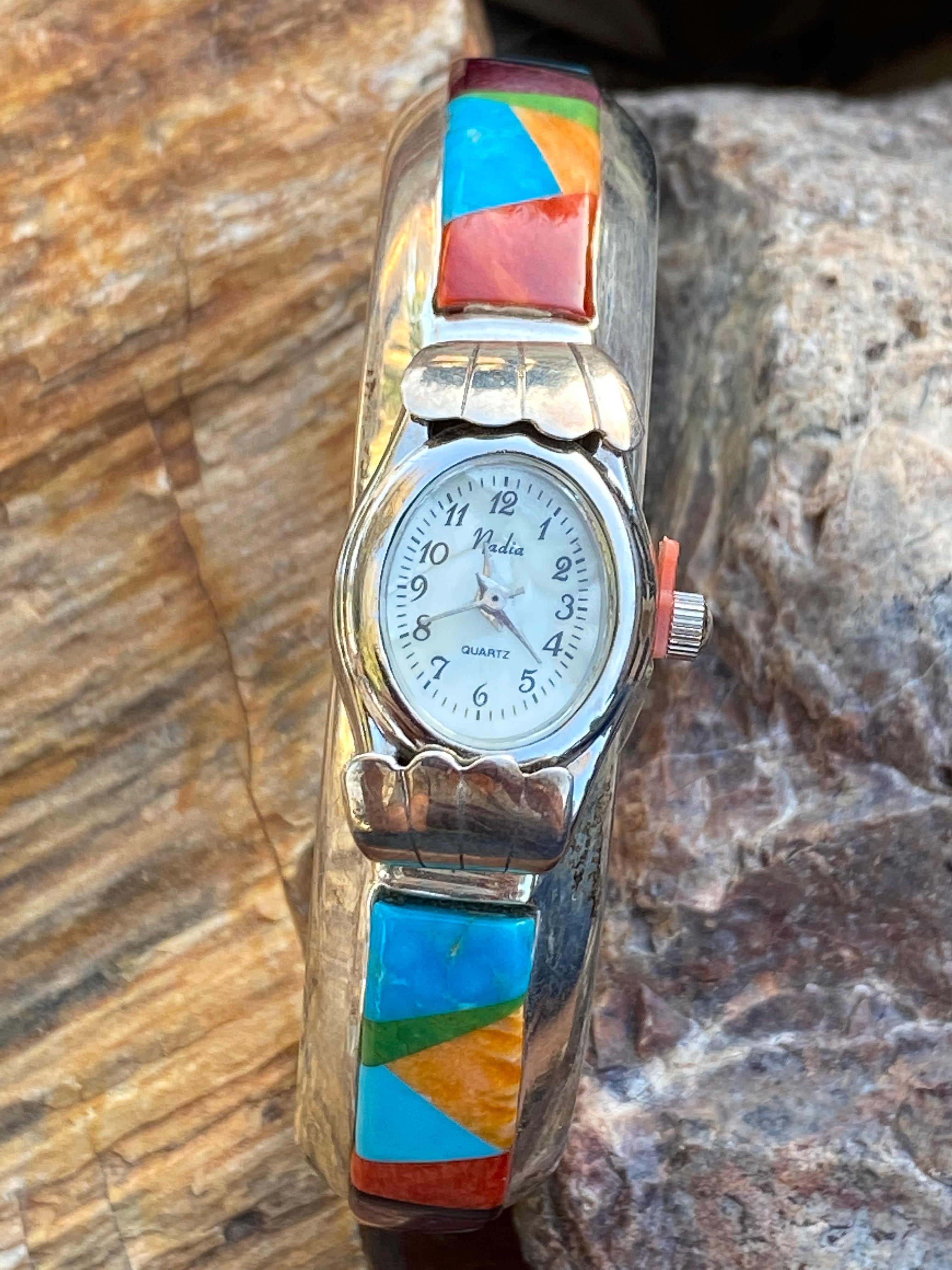 Navajo Turquoise, Purple spiny & Sterling silver Inlay Watch