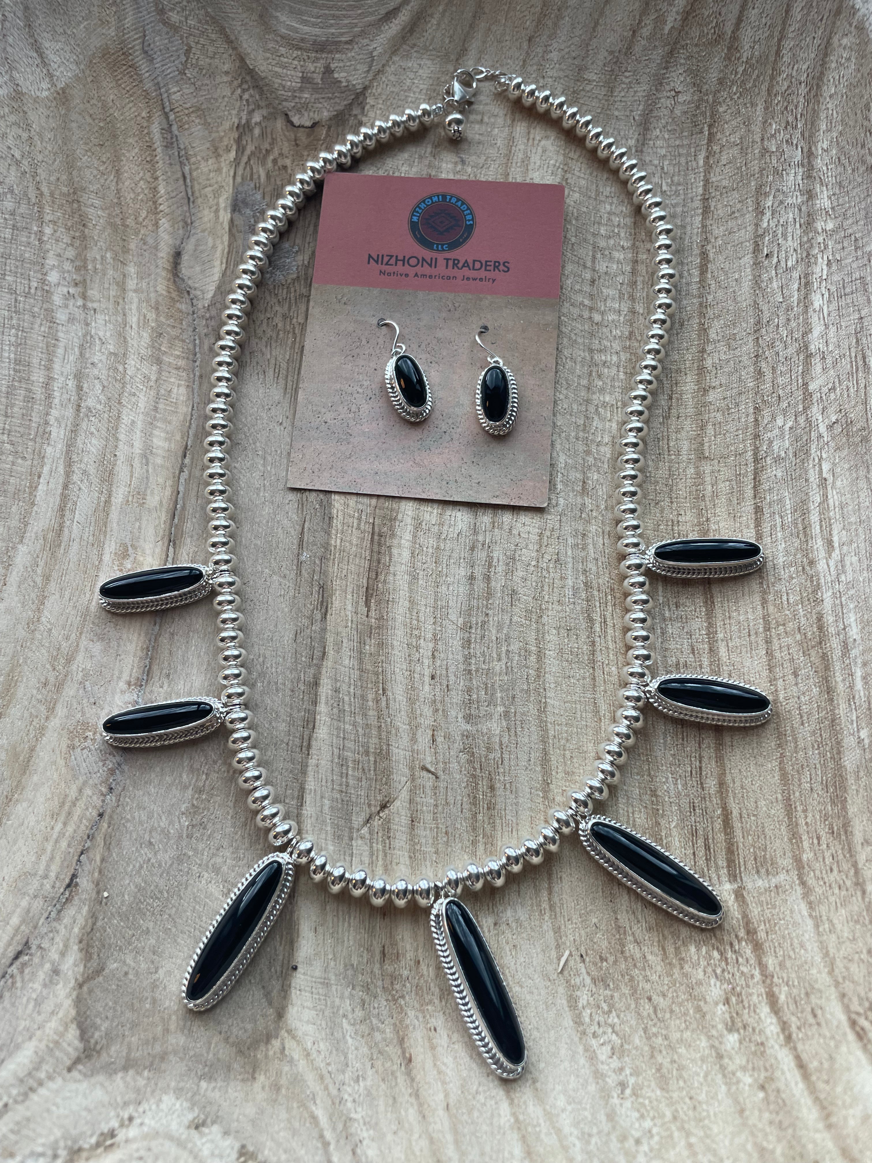 Navajo Sterling Silver & Black Onyx Necklace & Earring Set Signed