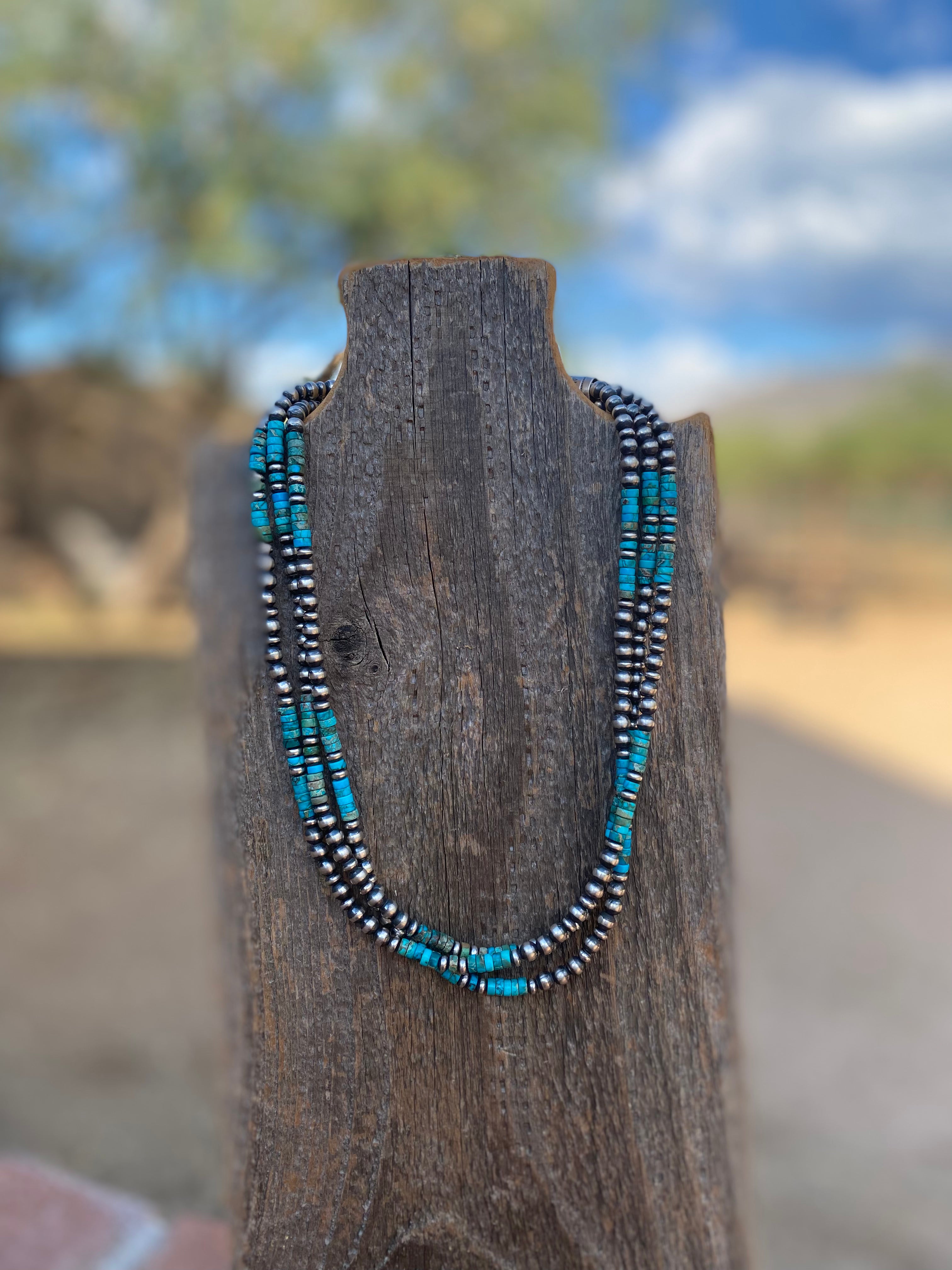 Navajo 3 Strand Kingman Turquoise & Sterling Beaded 18 inches