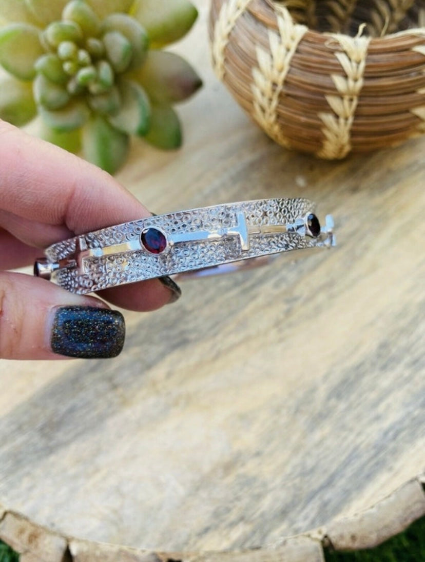 Navajo Red Garnet Cross Sterling Silver Bangle Signed