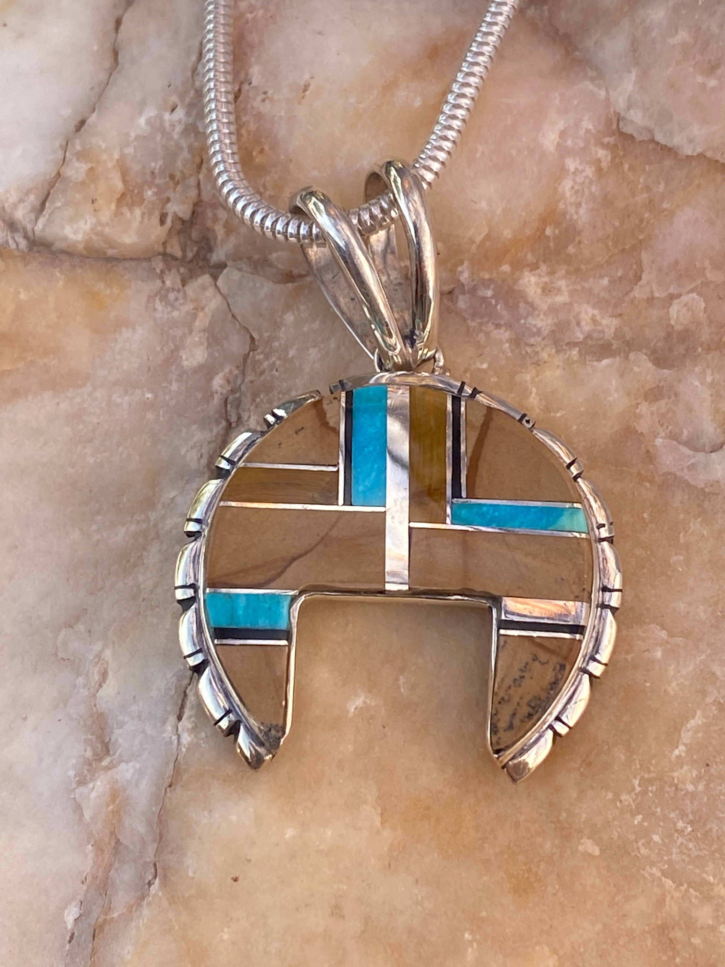 Navajo Turquoise, Onyx, Petrified Wood Naja Pendant