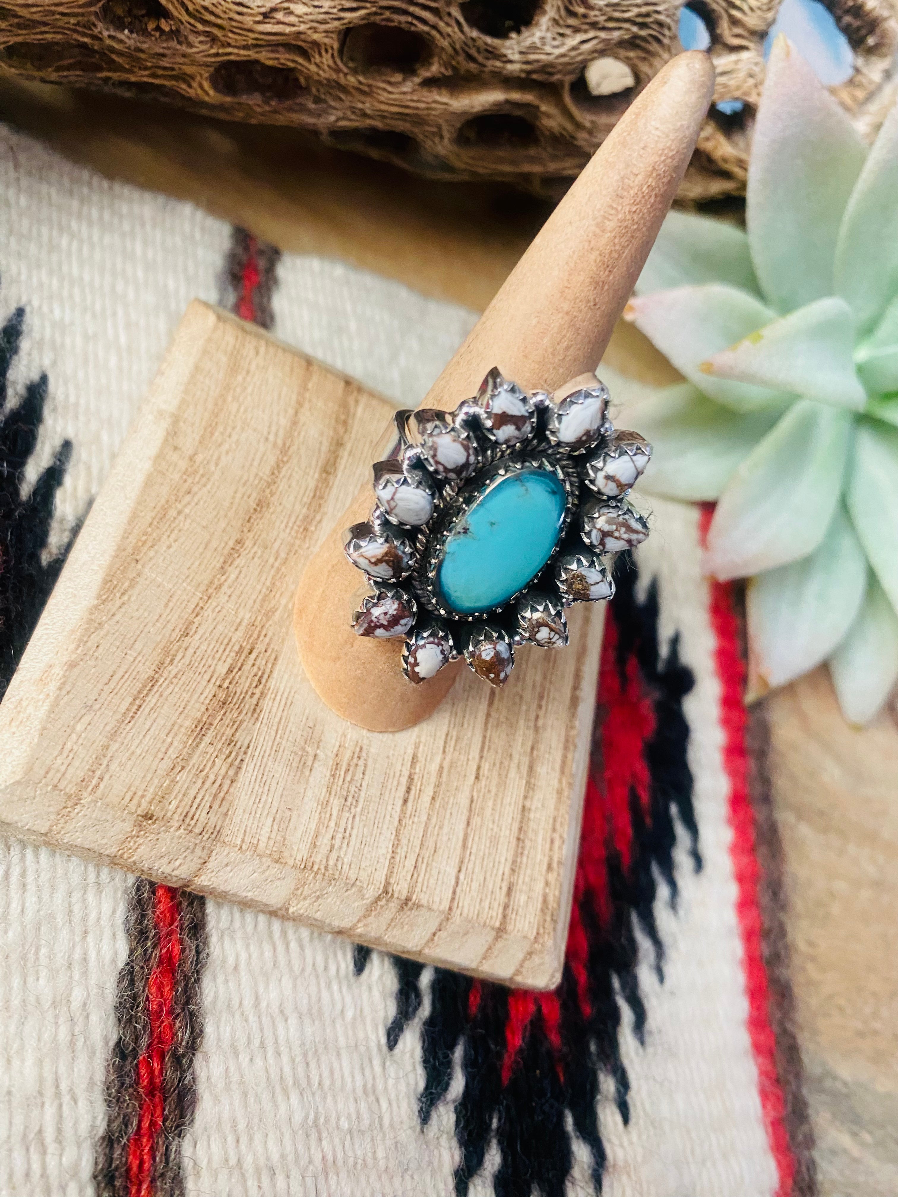 Handmade Sterling Silver, Wild Horse & Turquoise Cluster Adjustable Ring