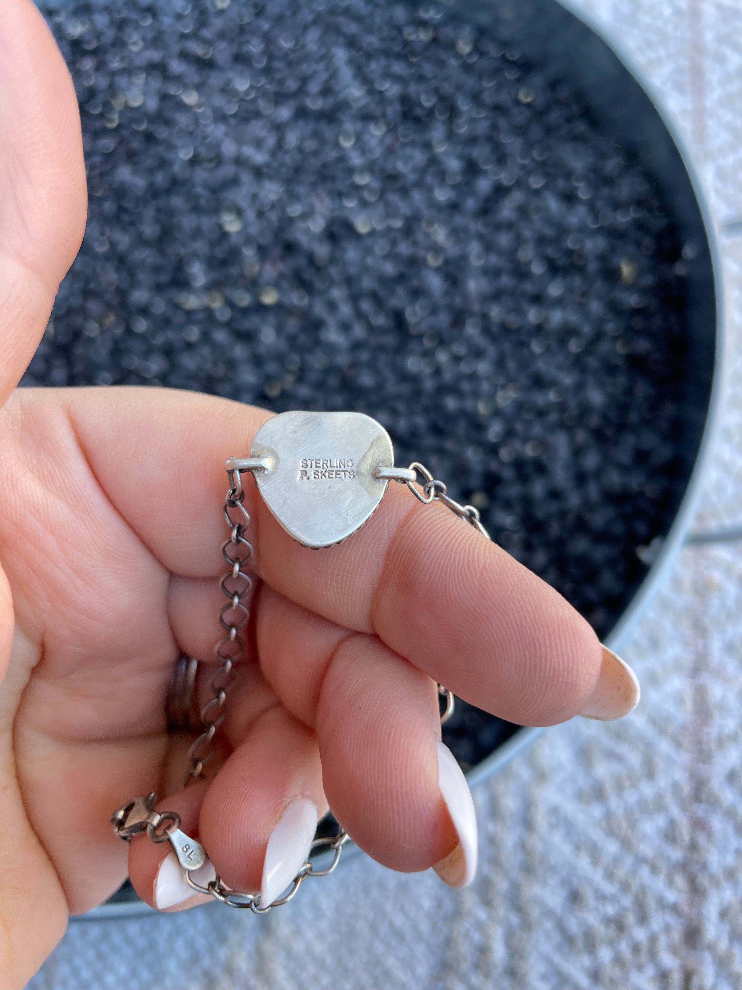 Navajo Queen Pink Conch Shell & Sterling Silver Heart Bracelet By P. Skeets