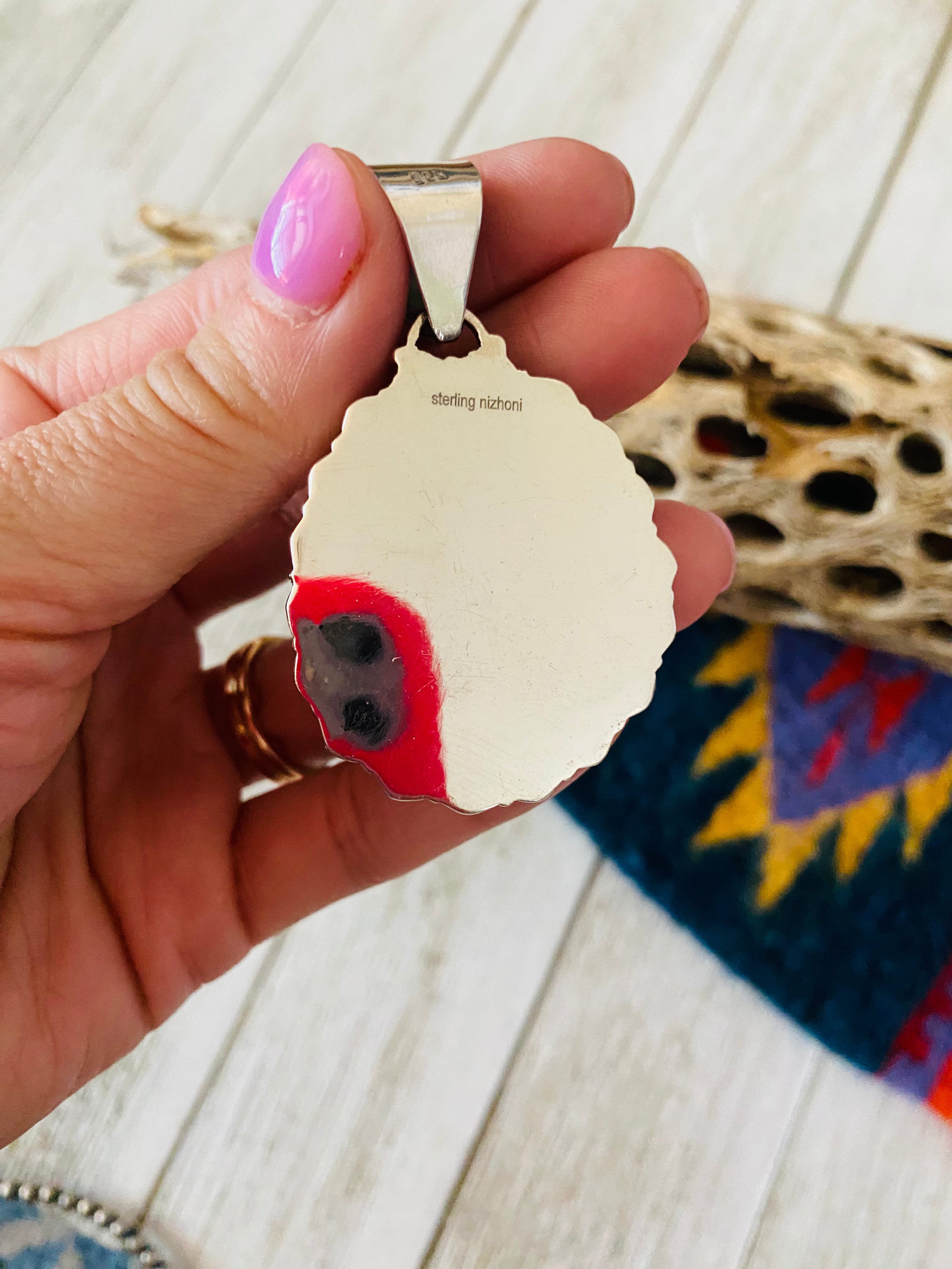 Handmade Sterling Silver, Fordite & Coral Cluster Pendant