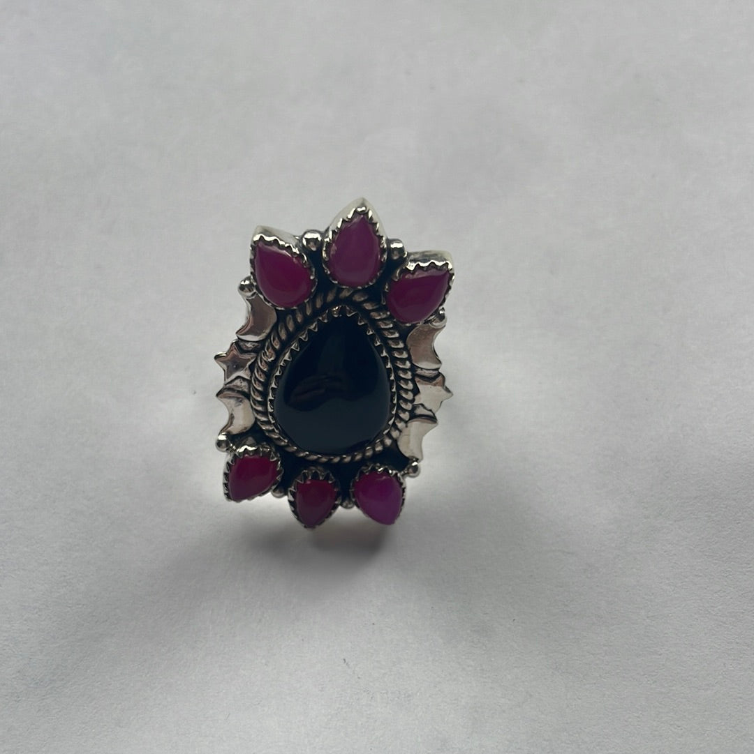 Handmade Pink & Black Onyx Sterling Silver Adjustable Ring Signed Nizhoni