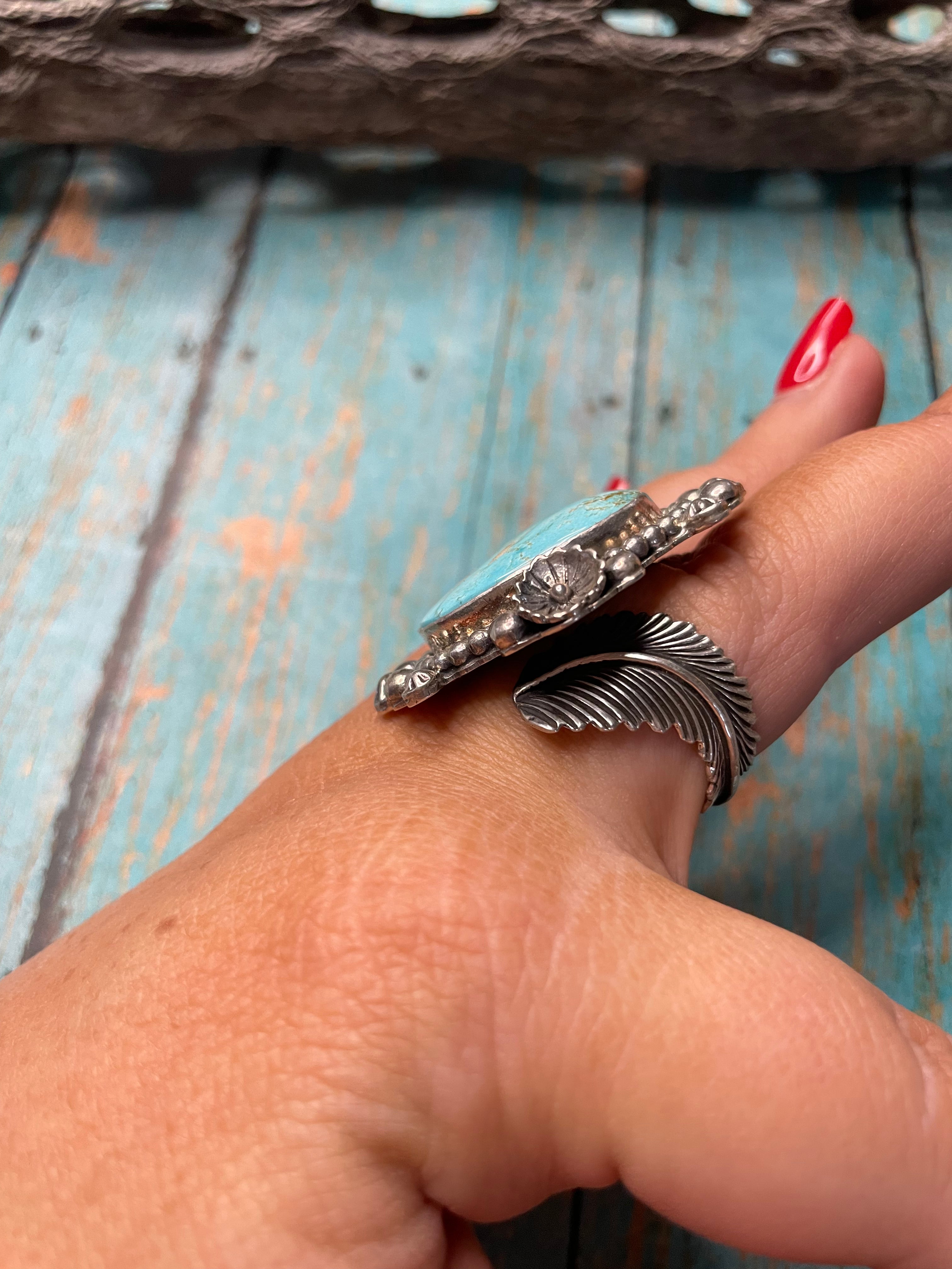 Old Pawn Navajo Sterling Silver & Turquoise Ring Size Adjustable