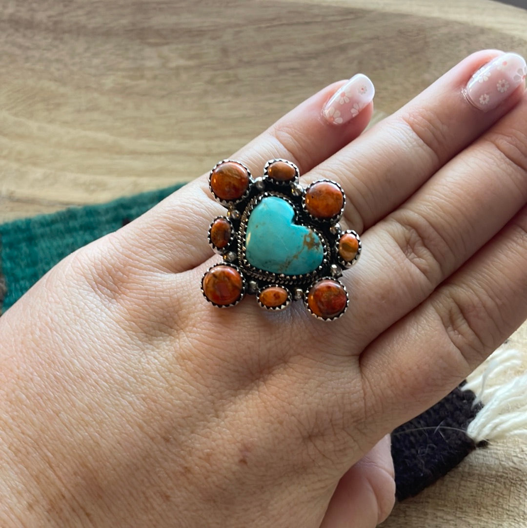 Beautiful Handmade Turquoise, Orange Mojave And Sterling Silver Adjustable Ring Signed Nizhoni