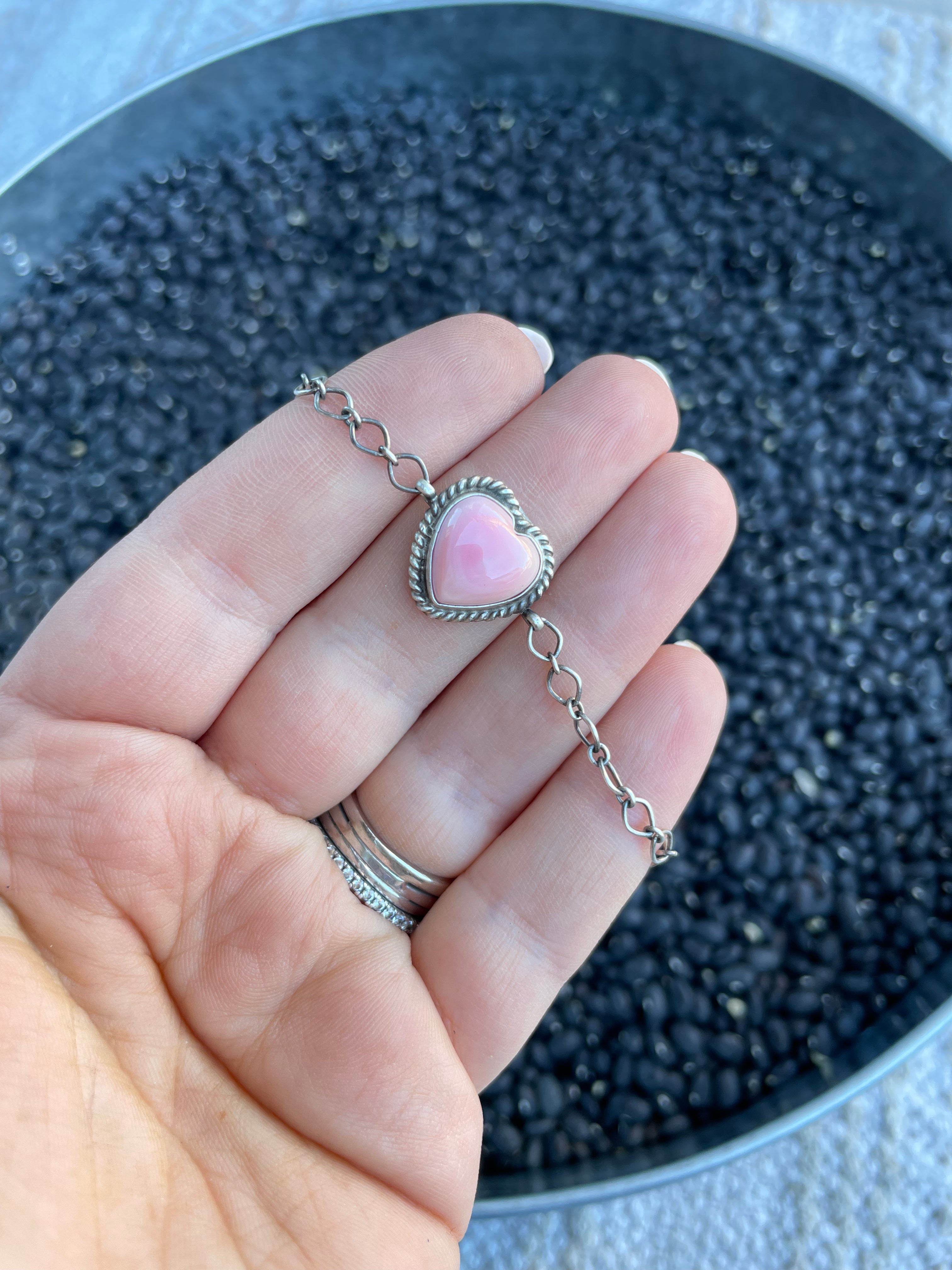 Navajo Queen Pink Conch Shell & Sterling Silver Heart Bracelet By P. Skeets