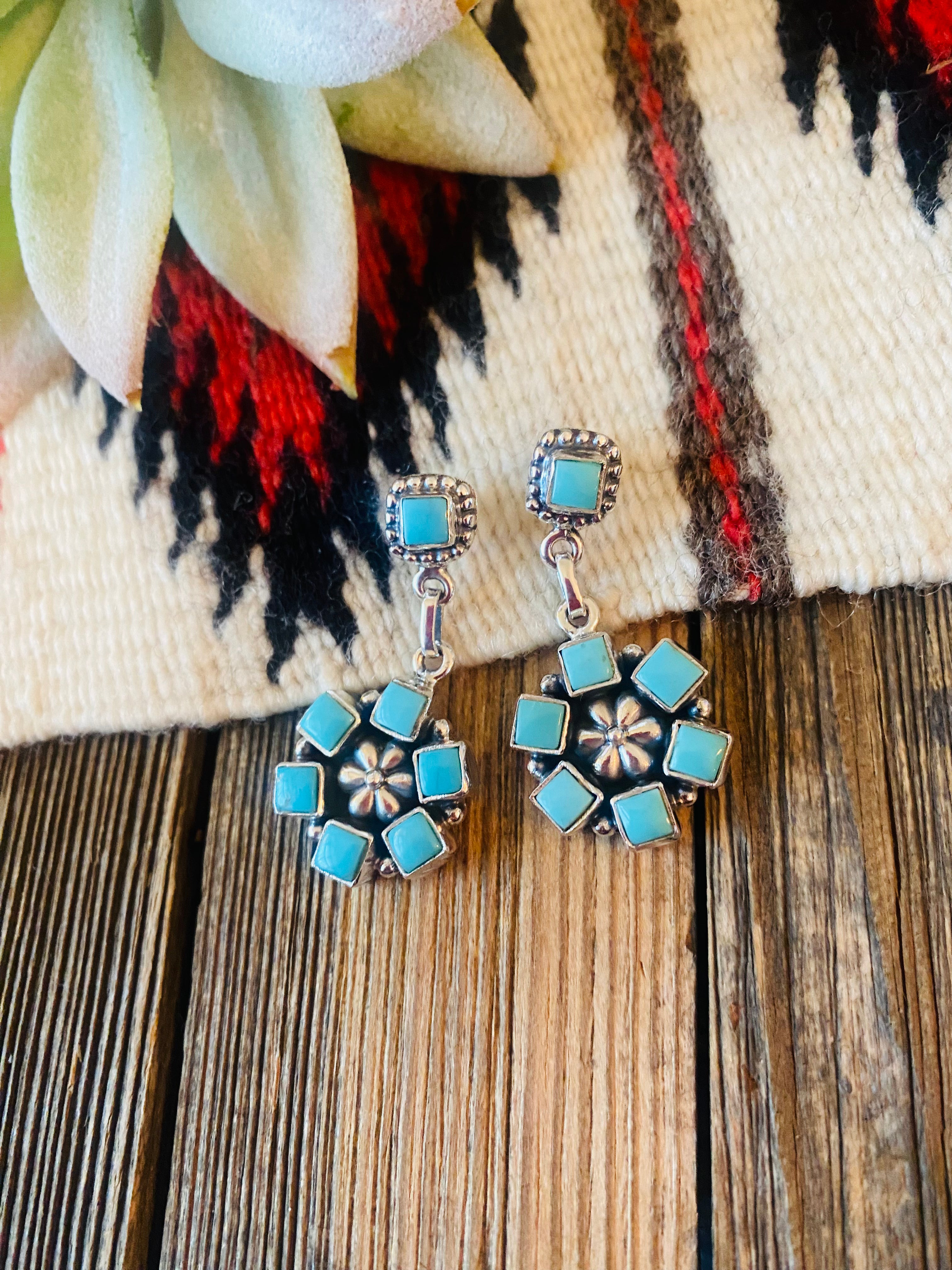 Handmade Turquoise And Sterling Silver Cluster Dangle Earrings