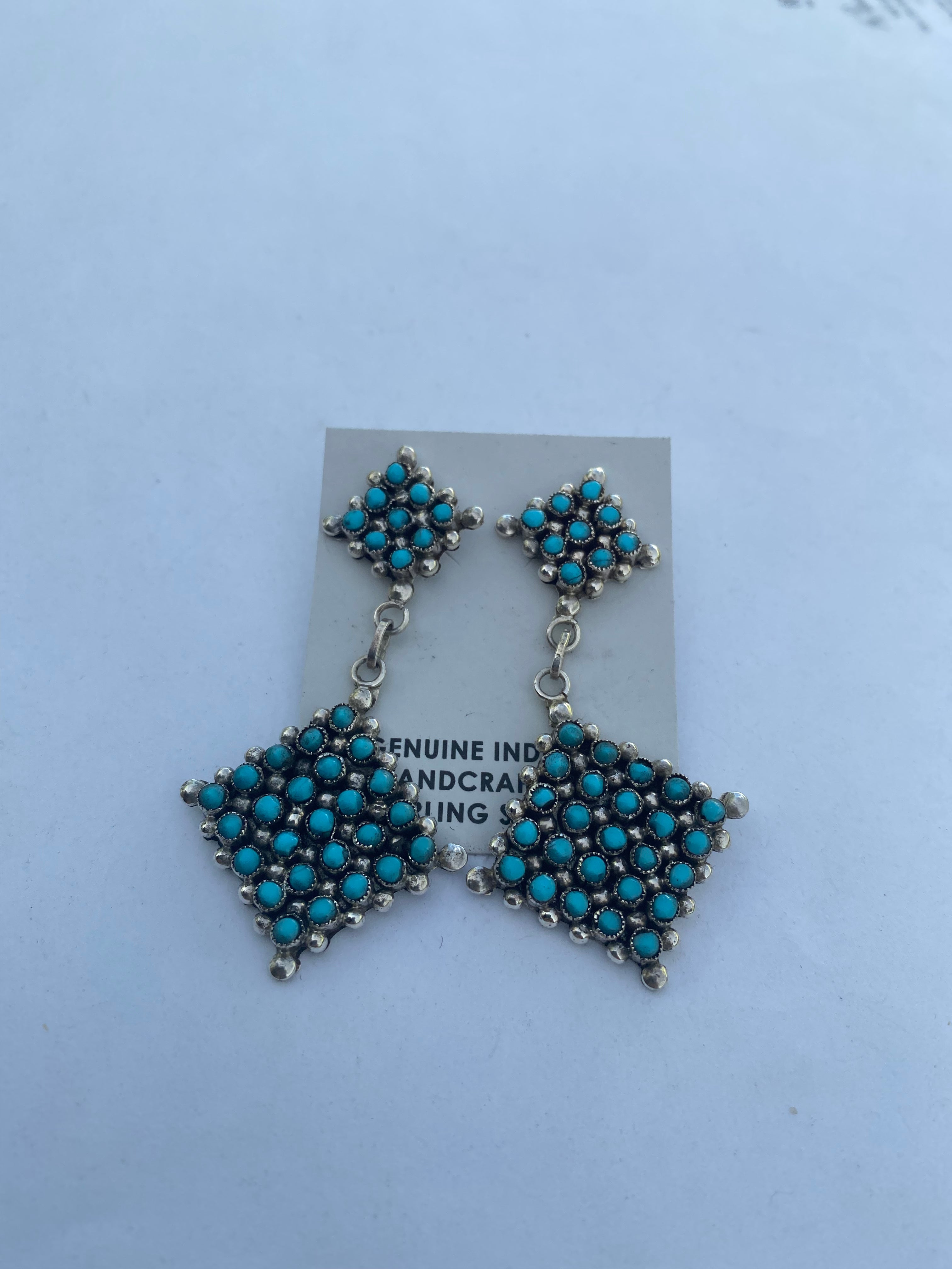 Zuni Sterling Silver & Snake Eye Sleeping Beauty Turquoise Dangle Earrings