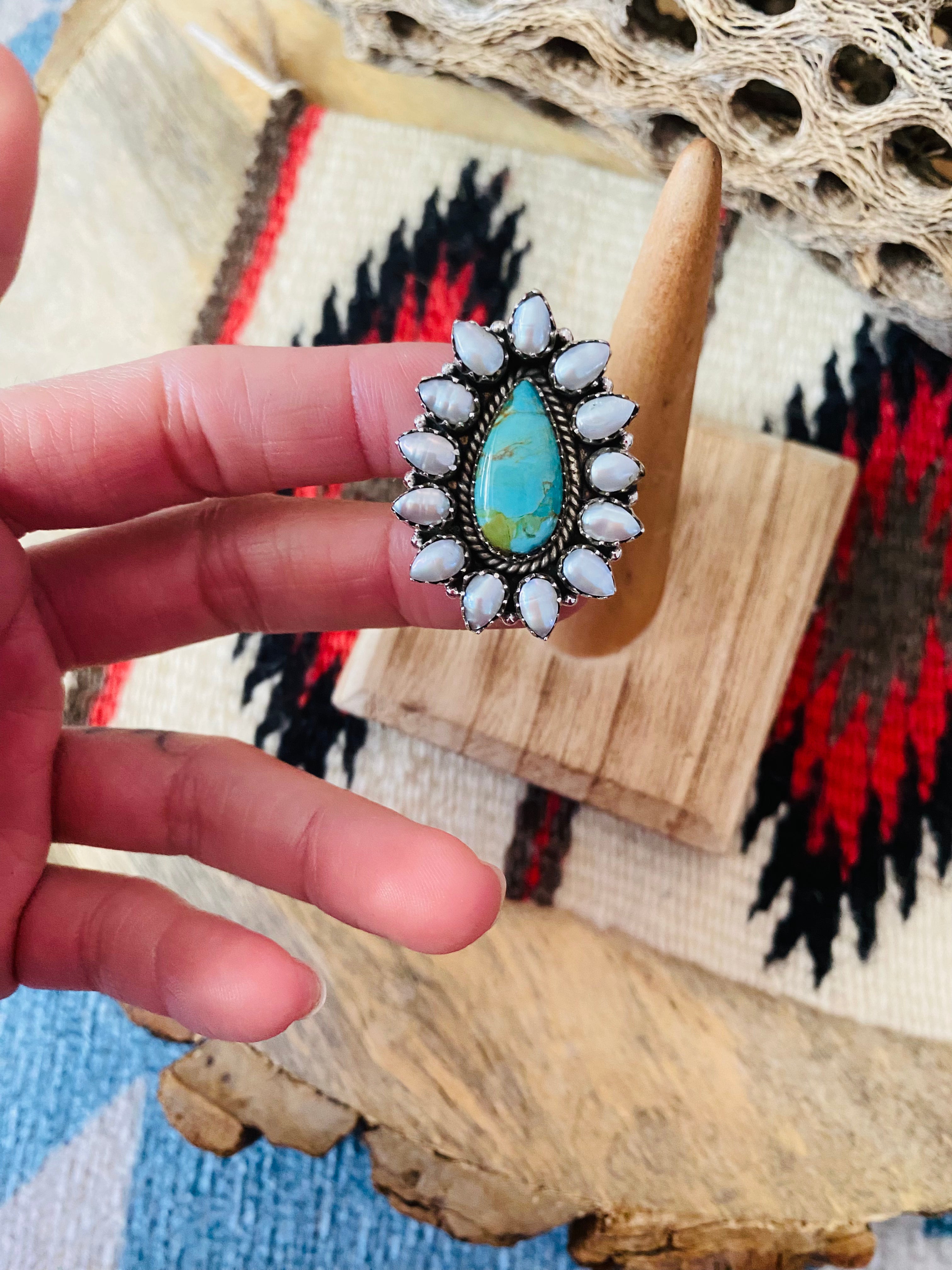 Handmade Sterling Silver, Turquoise & Pearl Cluster Adjustable Ring