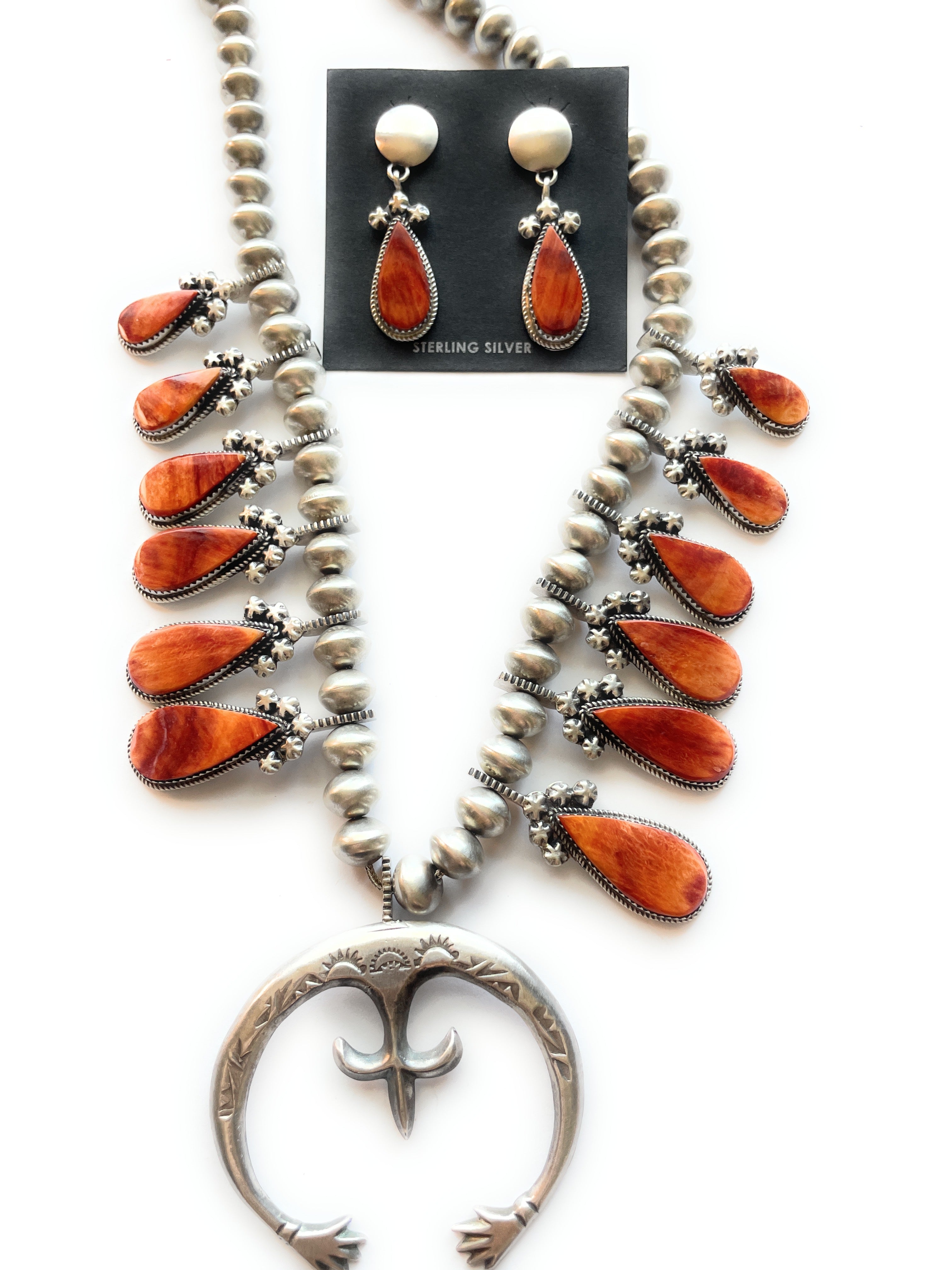 Navajo Orange Spiny And Sterling Silver Squash Blossom Necklace Earrings Set By Selina Warner