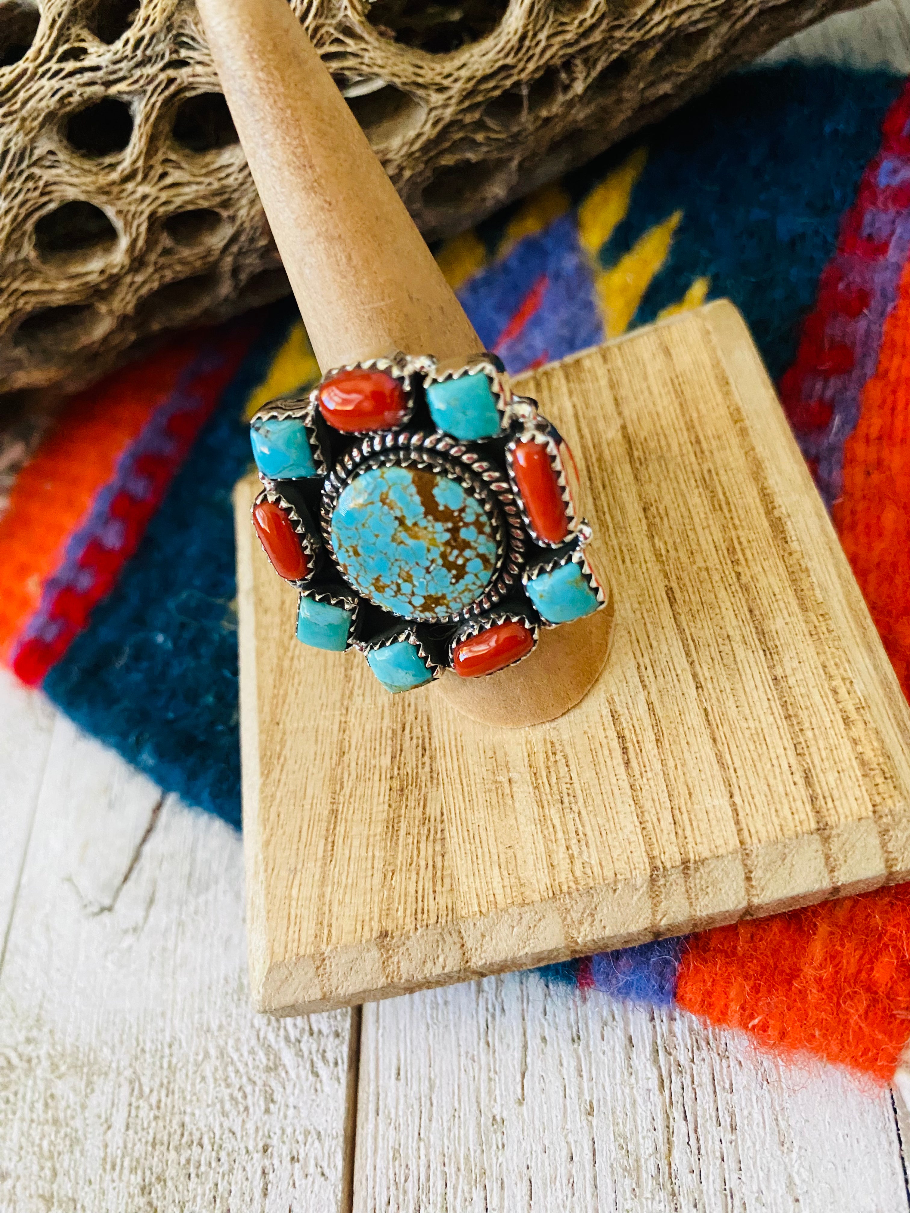 Handmade Sterling Silver, Coral & Number 8 Turquoise Cluster Adjustable Ring