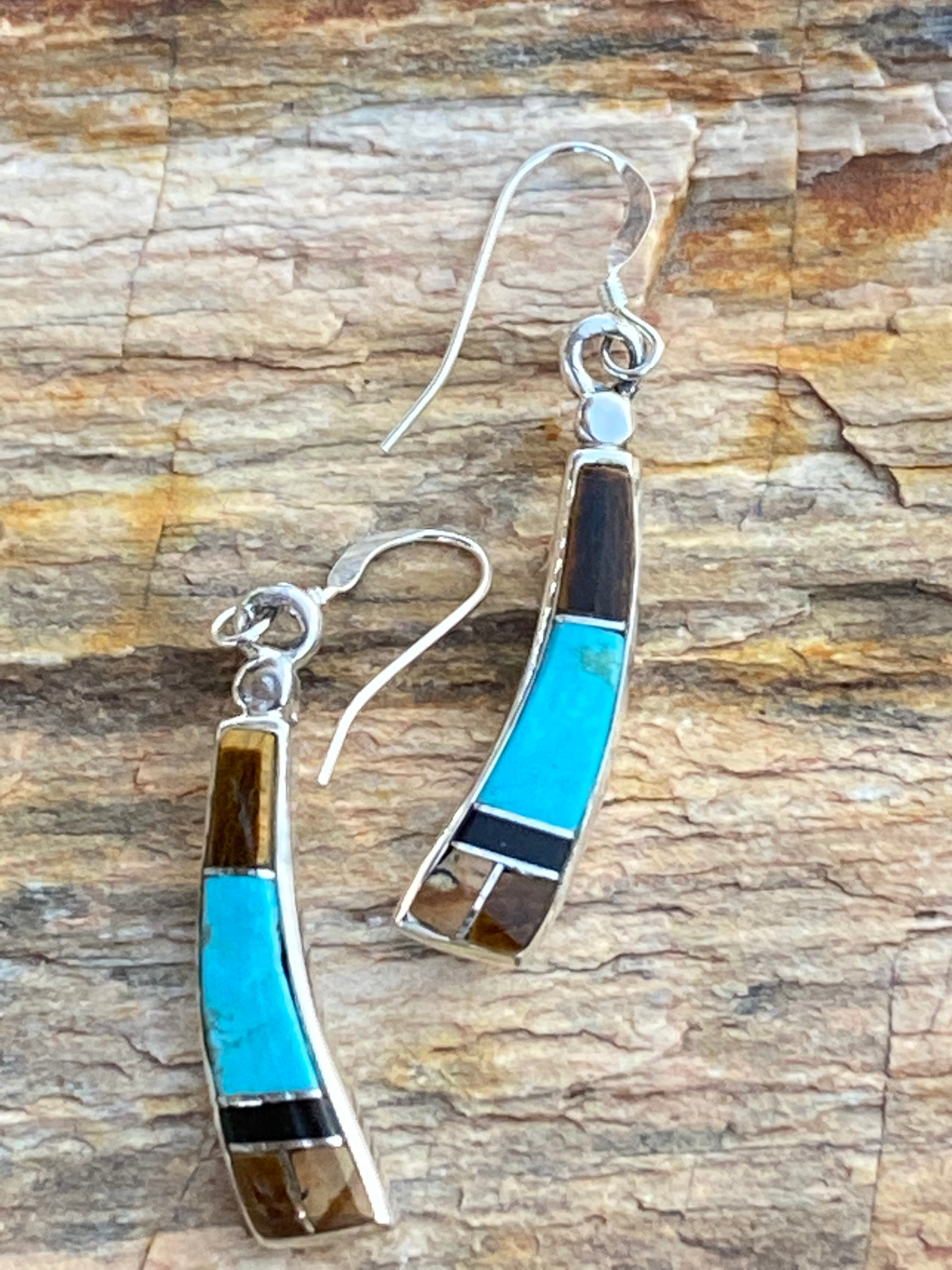 Navajo Turquoise, Onyx, Petrified Wood & Sterling Silver Inlay Dangle Earrings