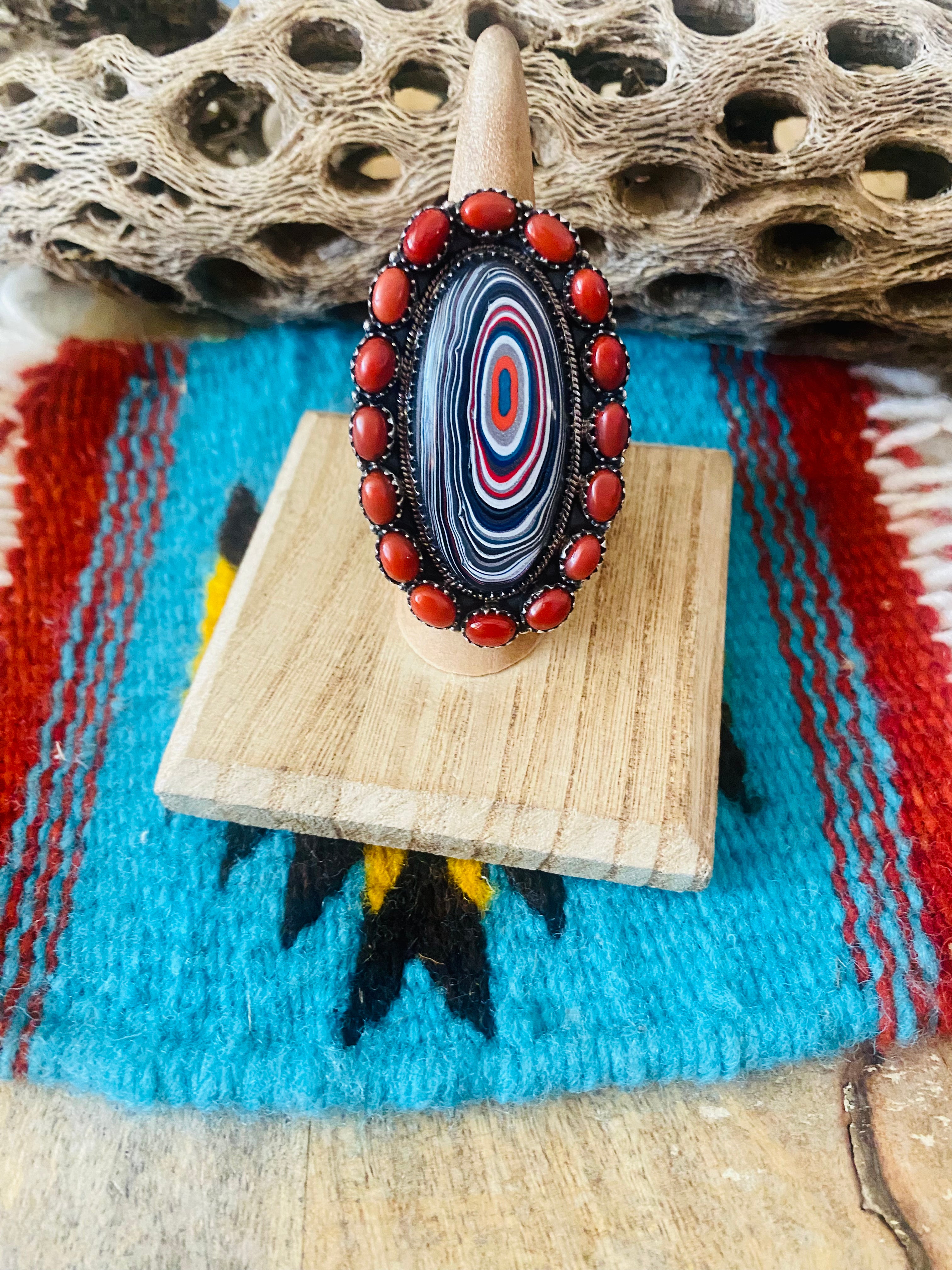 Handmade Sterling Silver, Fordite & Coral Cluster Adjustable Ring