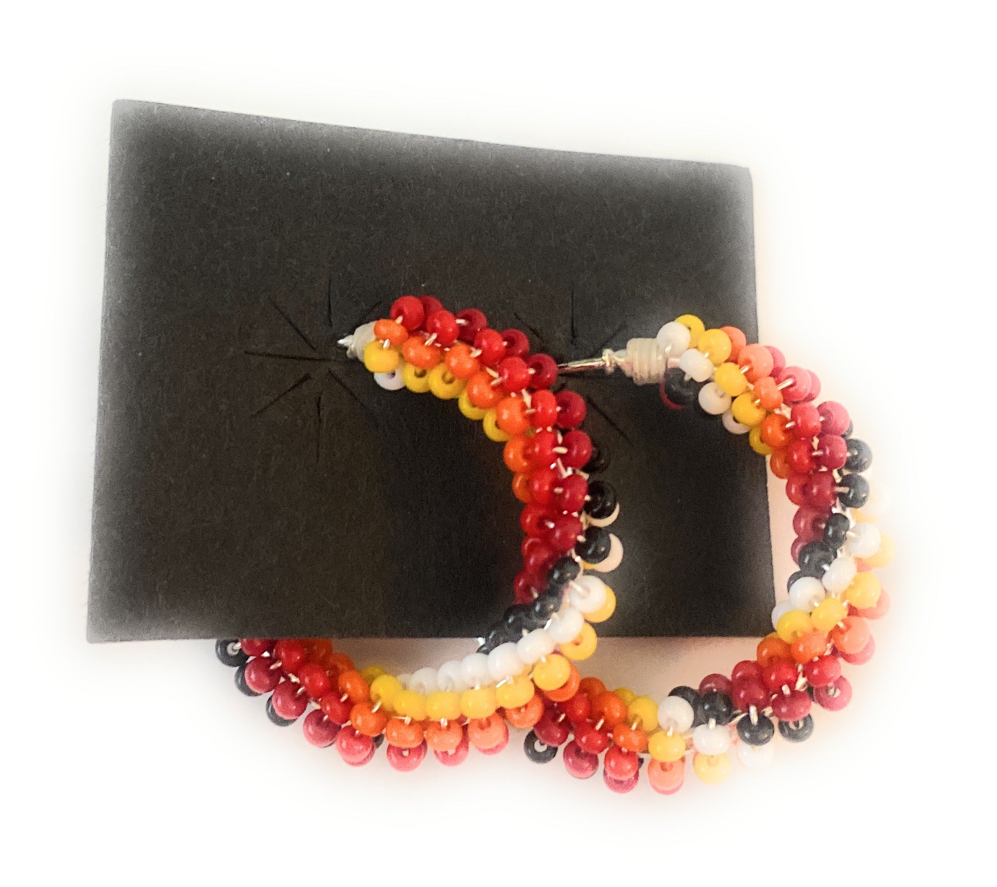 Navajo Handmade Beaded Hoop Earrings- Red/Orange