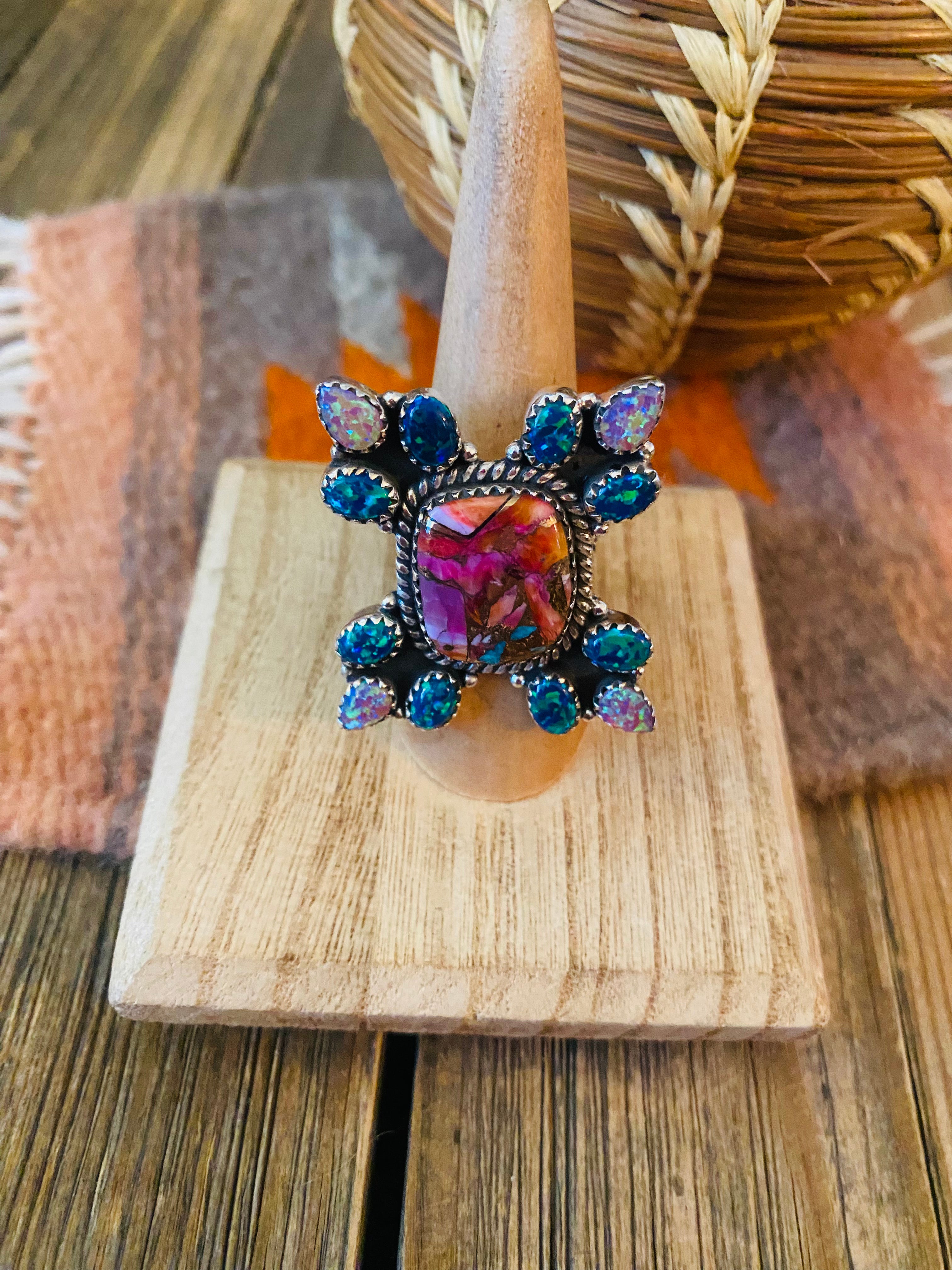 Handmade Sterling Silver, Pink Dream & Opal Cluster Adjustable Ring