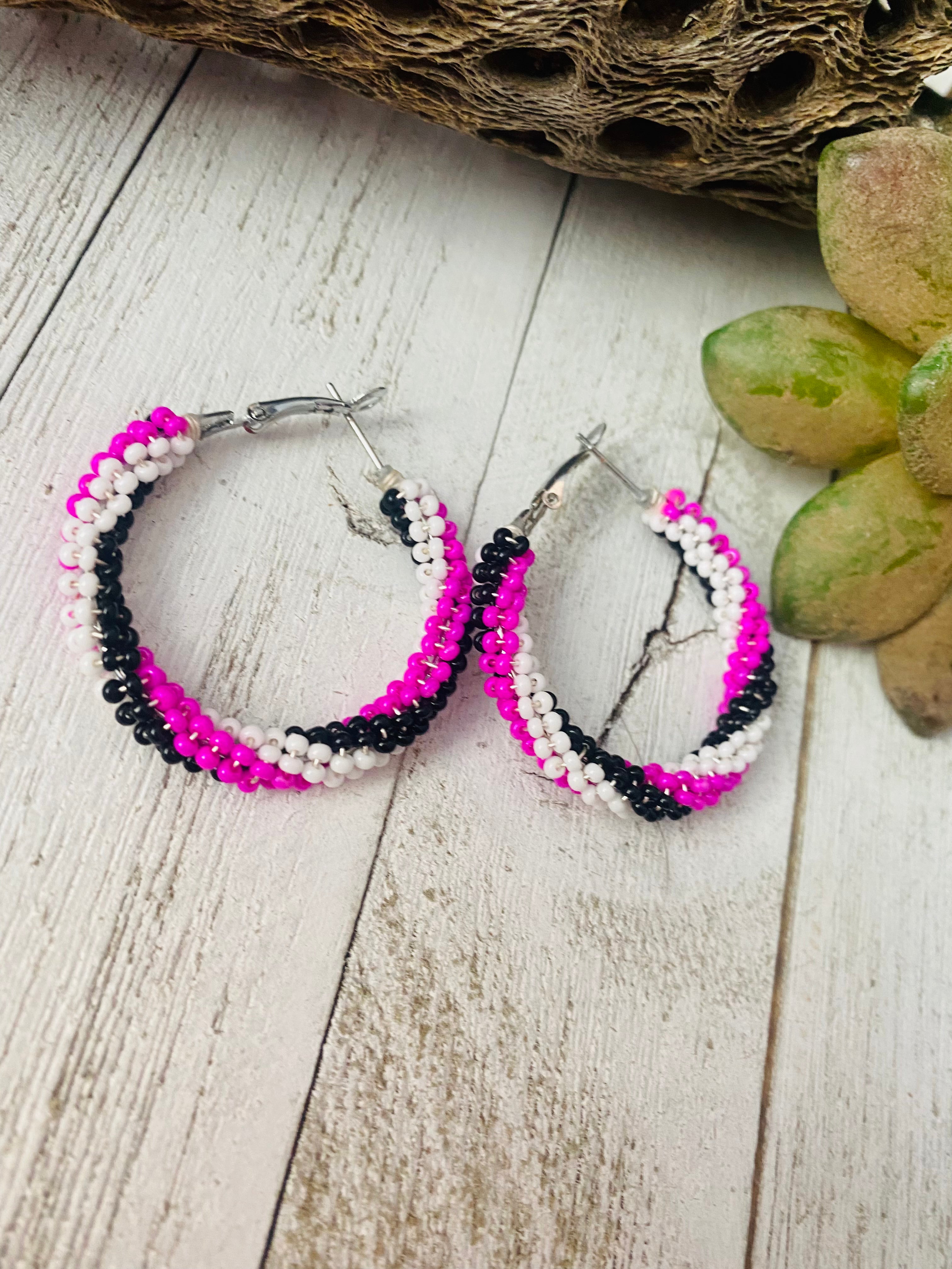 Navajo Handmade Beaded Hoop Earrings- pink, black