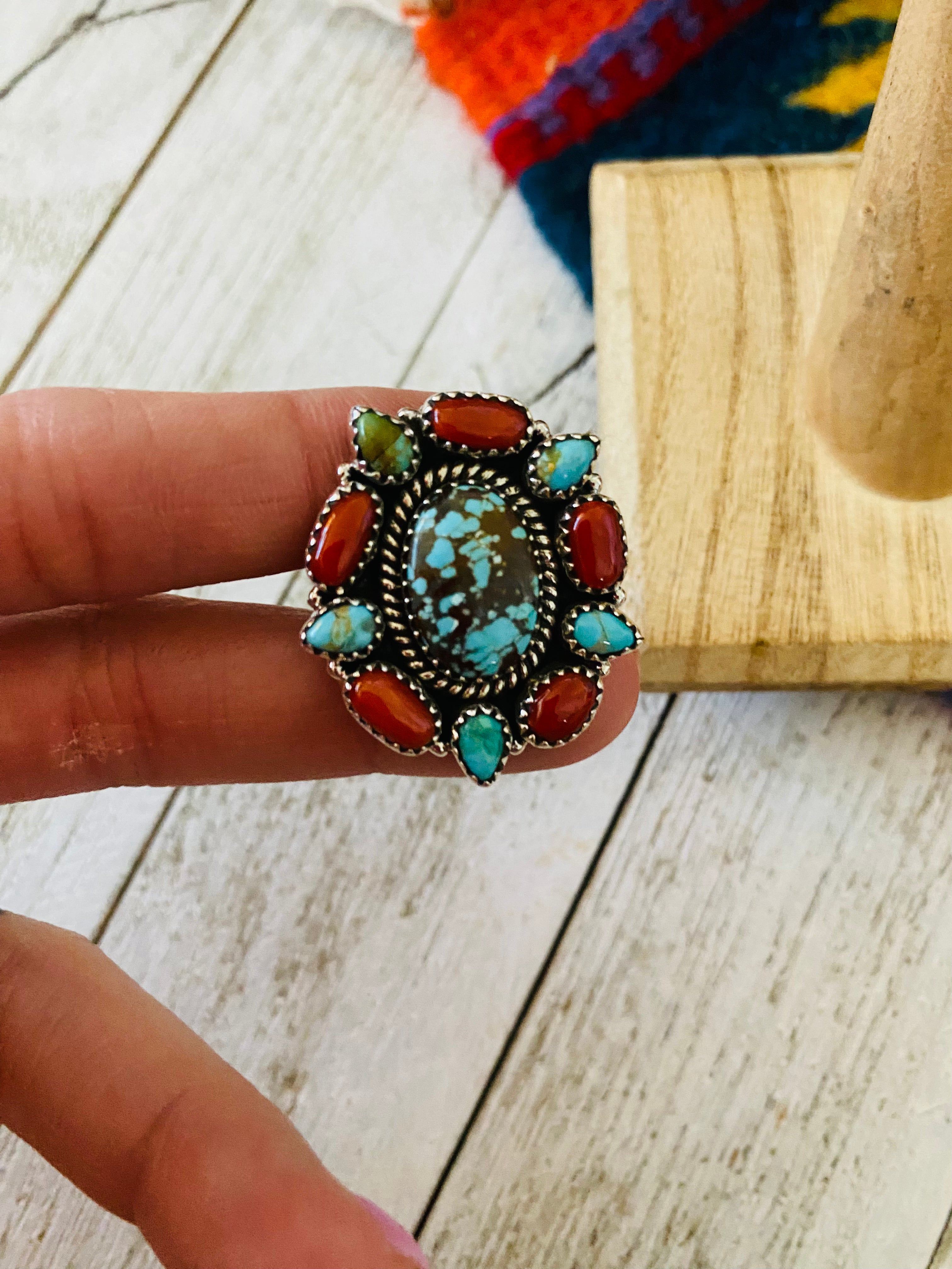 Handmade Sterling Silver, Coral & Number 8 Turquoise Cluster Adjustable Ring