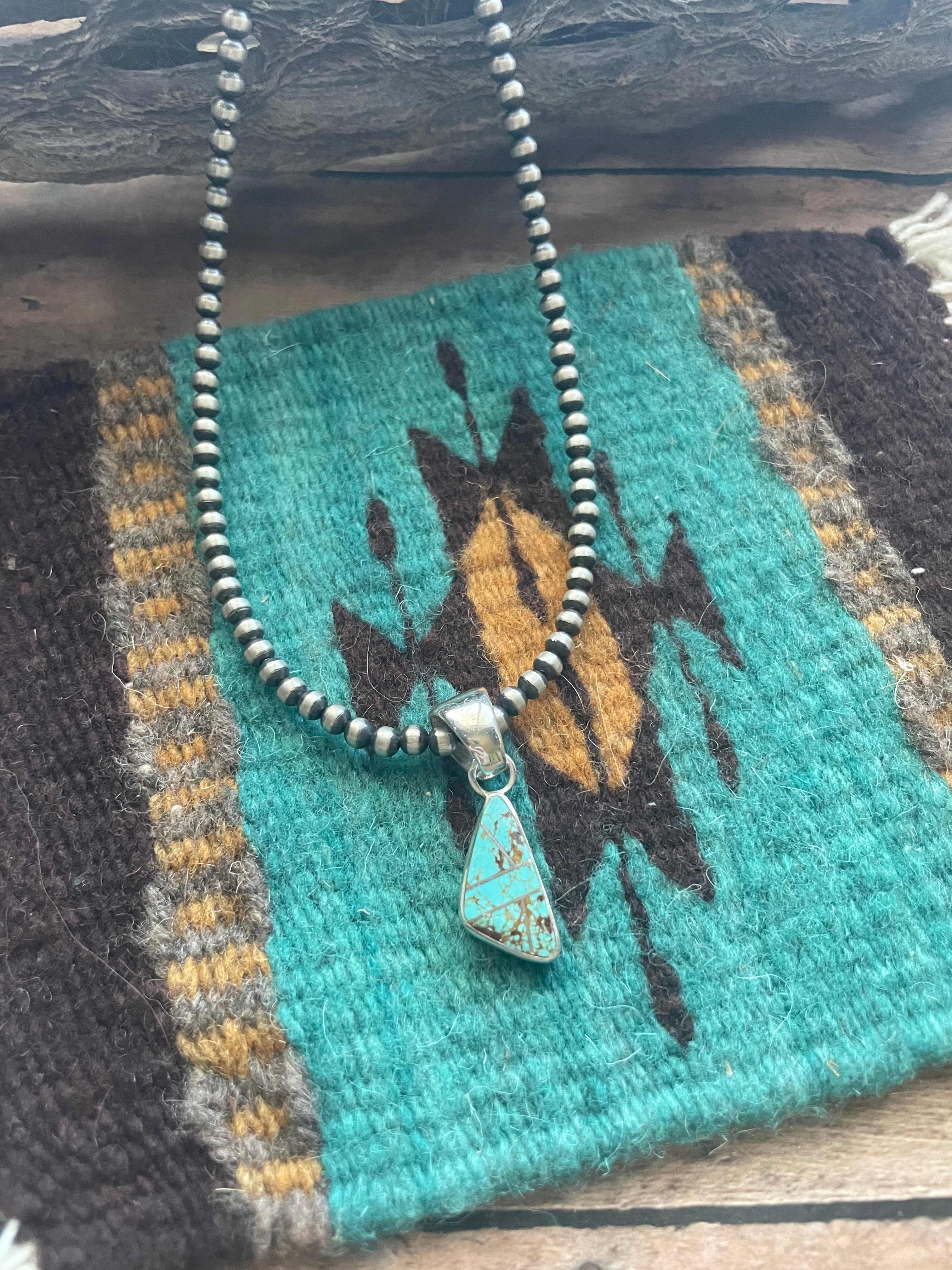 Navajo Number 8 Turquoise Inlay & Sterling Silver Pendant Signed