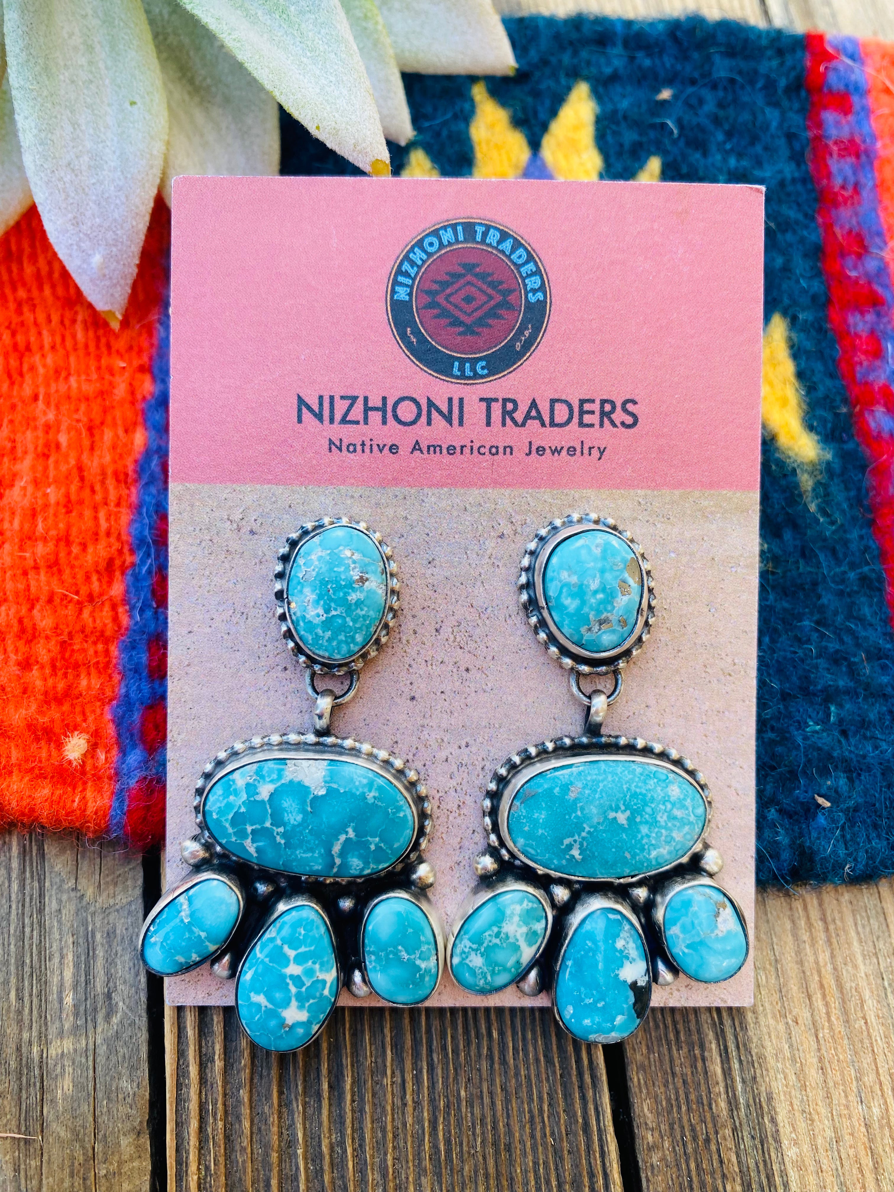 Navajo Turquoise & Sterling Silver Cluster Dangle Earrings