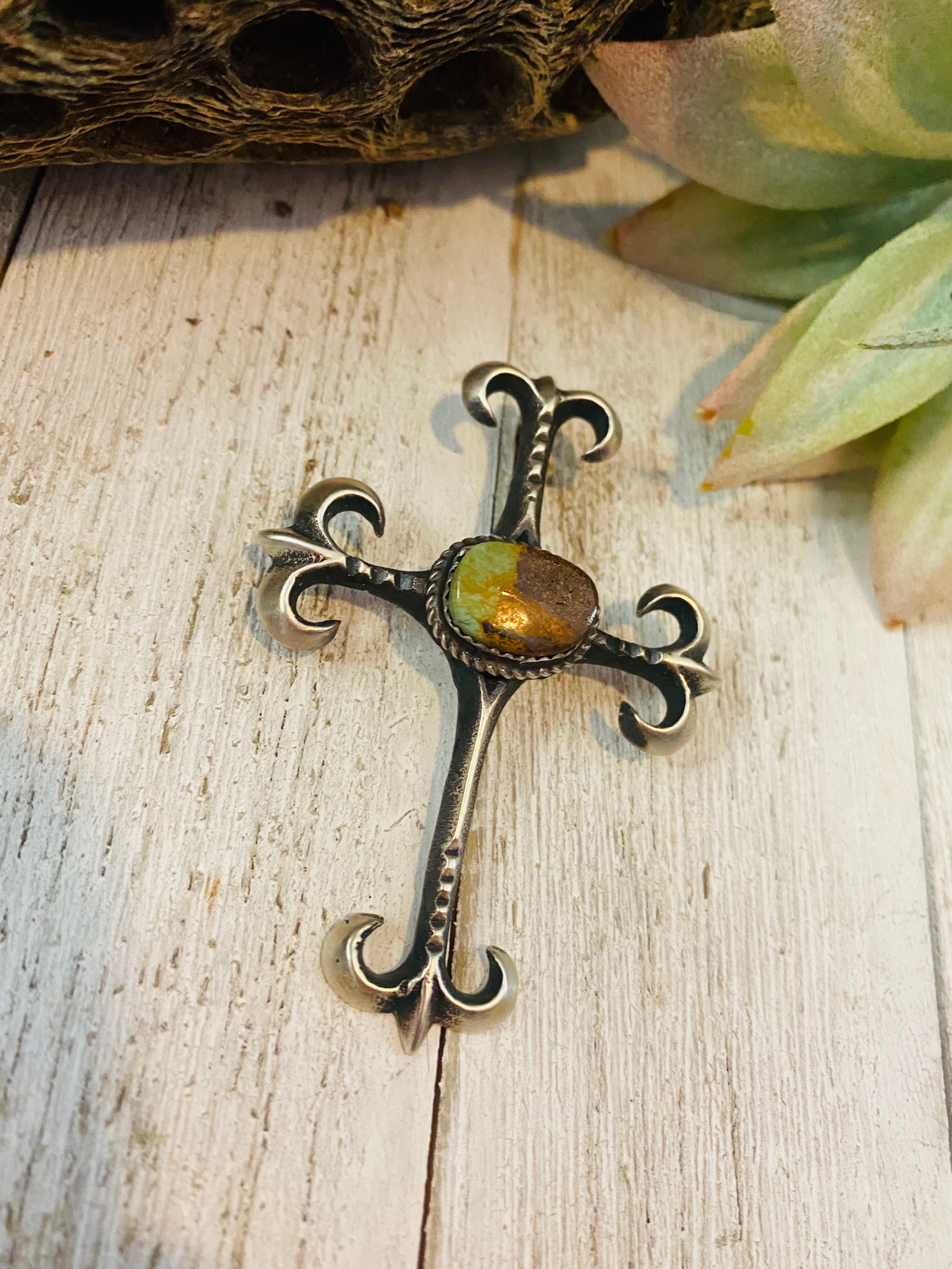 Navajo Sterling Silver & Royston Turquoise Cross Pendant By Martha Cayatineto