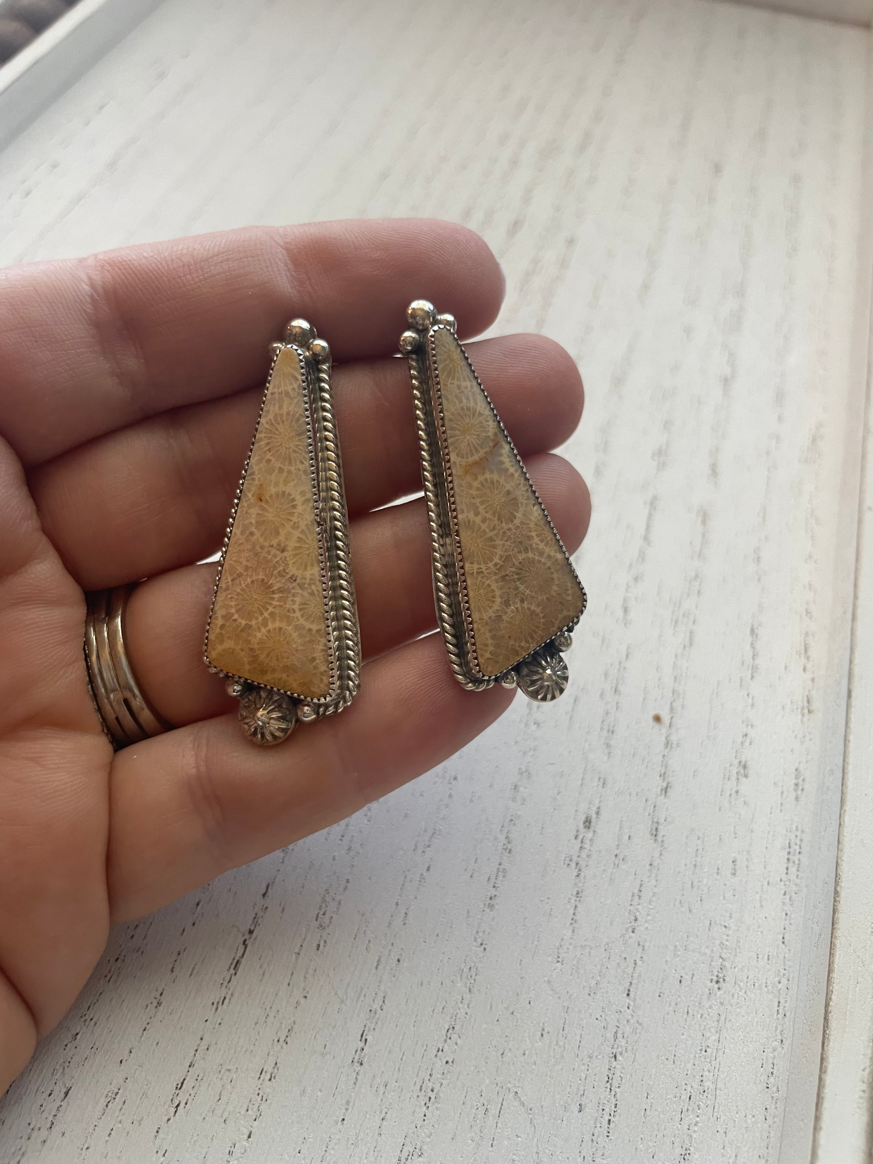 Navajo Fossilized Coral & Sterling Silver Post Earrings Signed