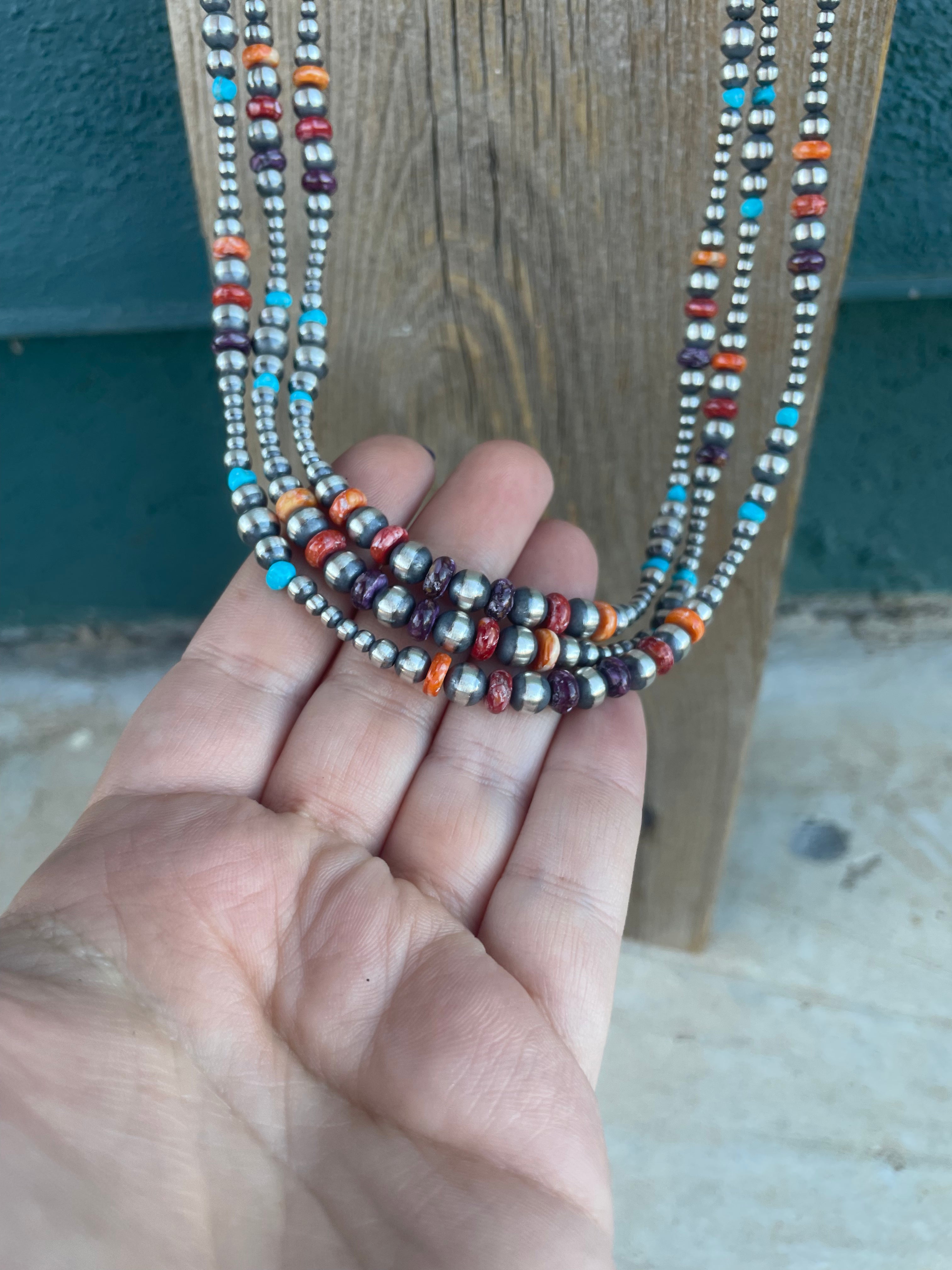 Navajo Multi Stone And Sterling Silver Beaded Necklace 30INCH