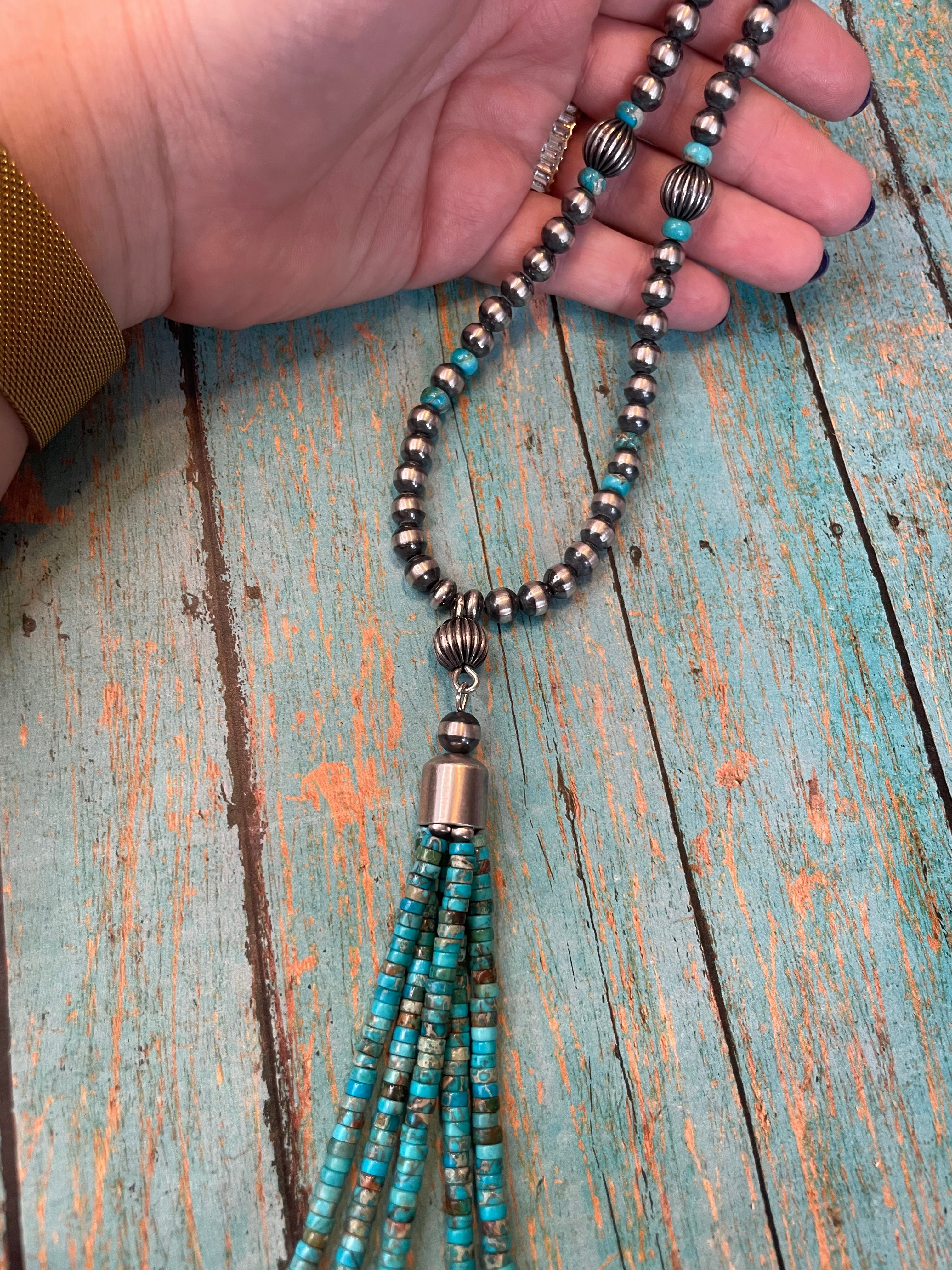 Navajo Sterling Silver And Turquoise Beaded Tassel Necklace