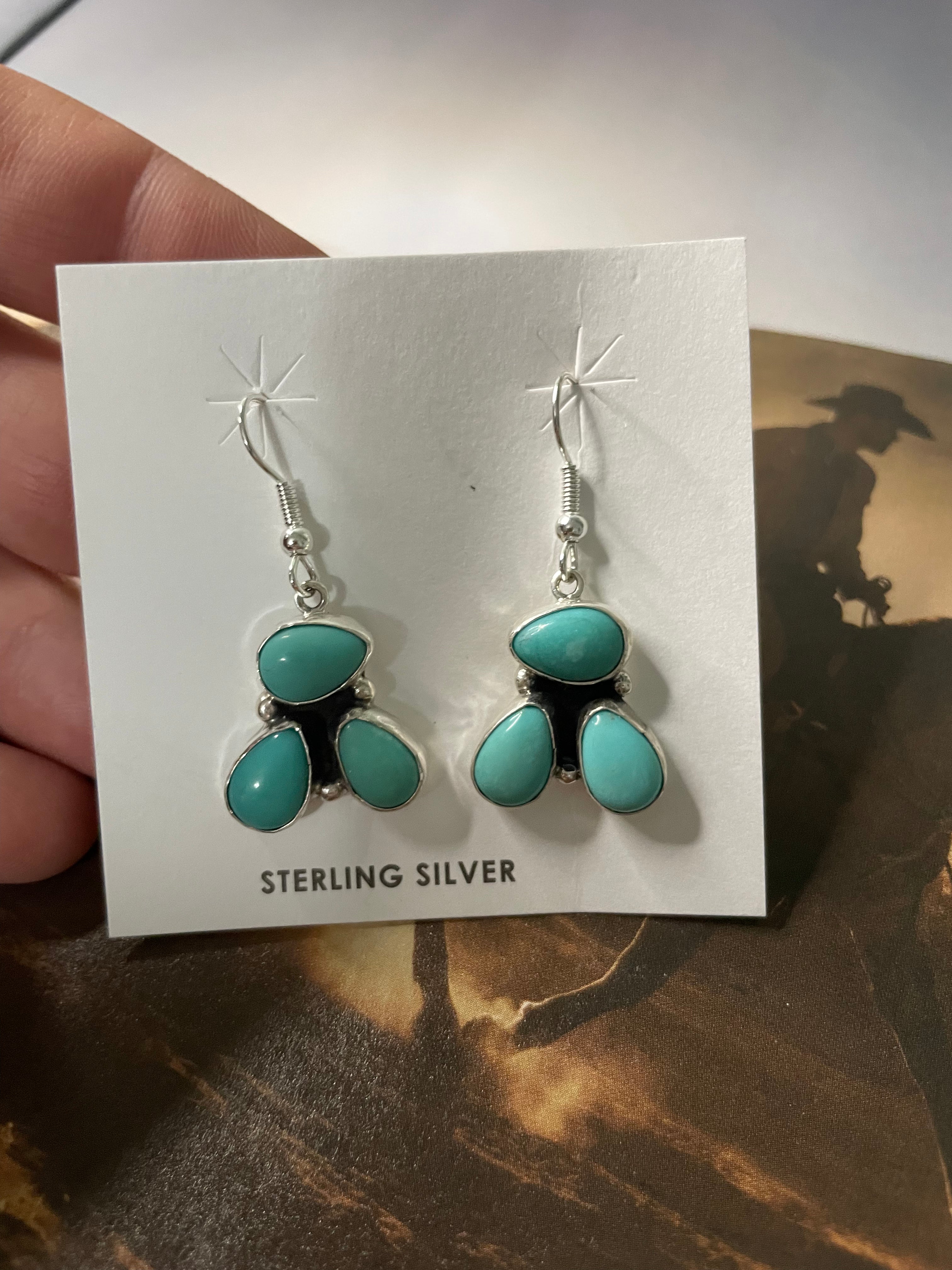 Navajo Turquoise And Sterling Silver 3 Stone Dangle Earrings Signed