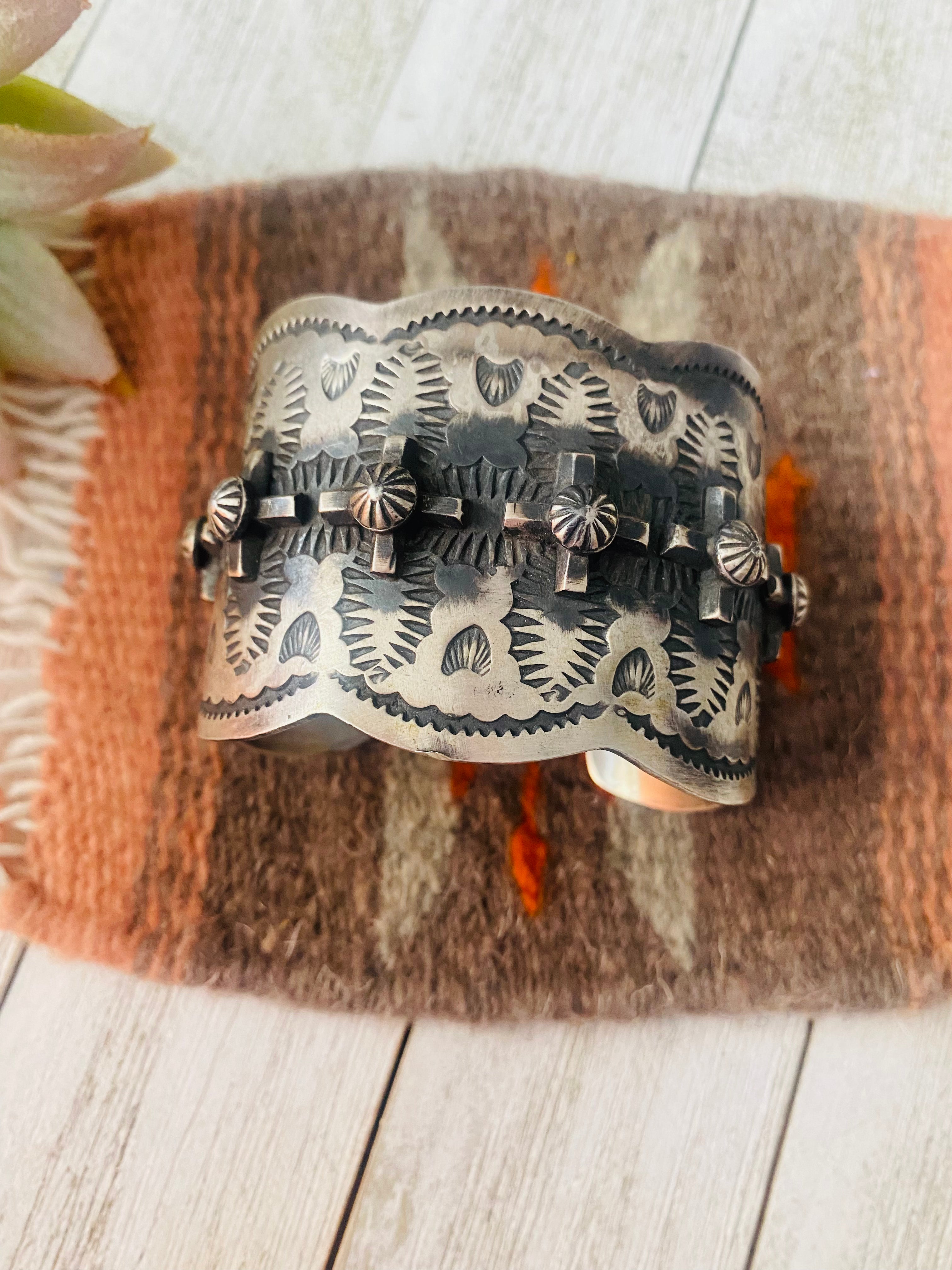 Navajo Hand Stamped Sterling Silver Cross Cuff Bracelet By Chimney Butte