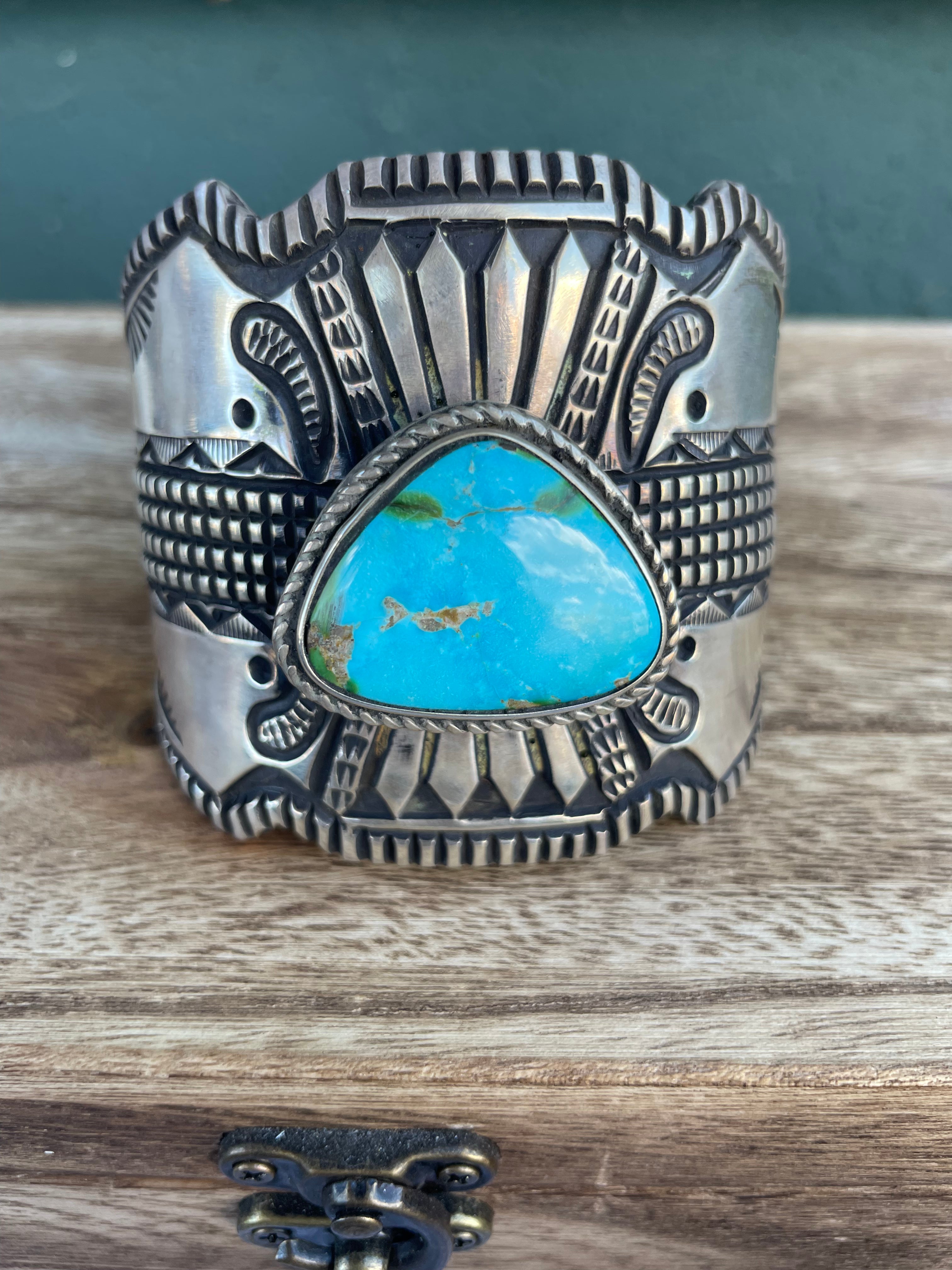 Navajo Hand Stamped Turquoise And Sterling Silver Cuff Bracelet By Elvira Bill