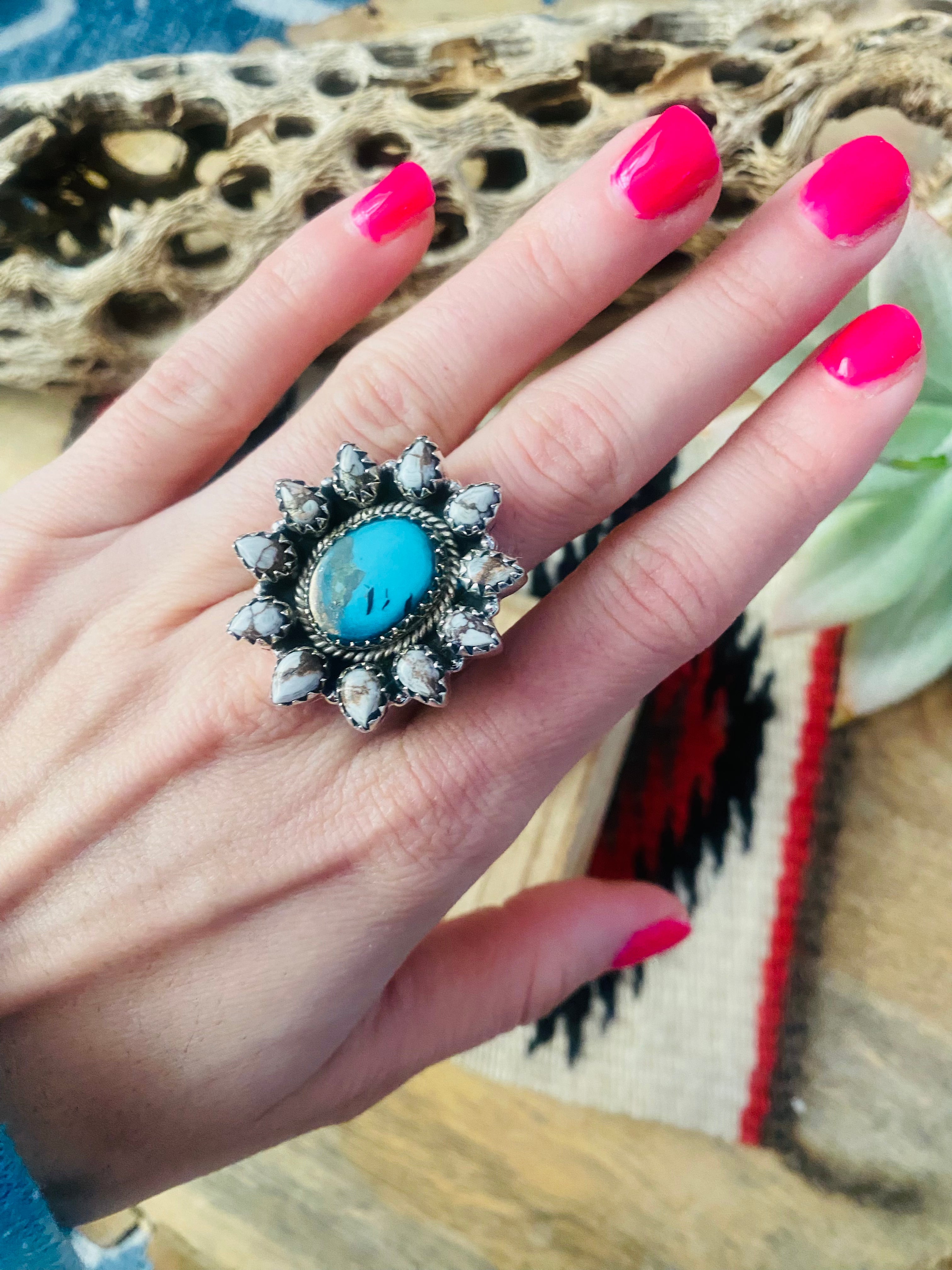 Handmade Sterling Silver, Wild Horse & Turquoise Cluster Adjustable Ring