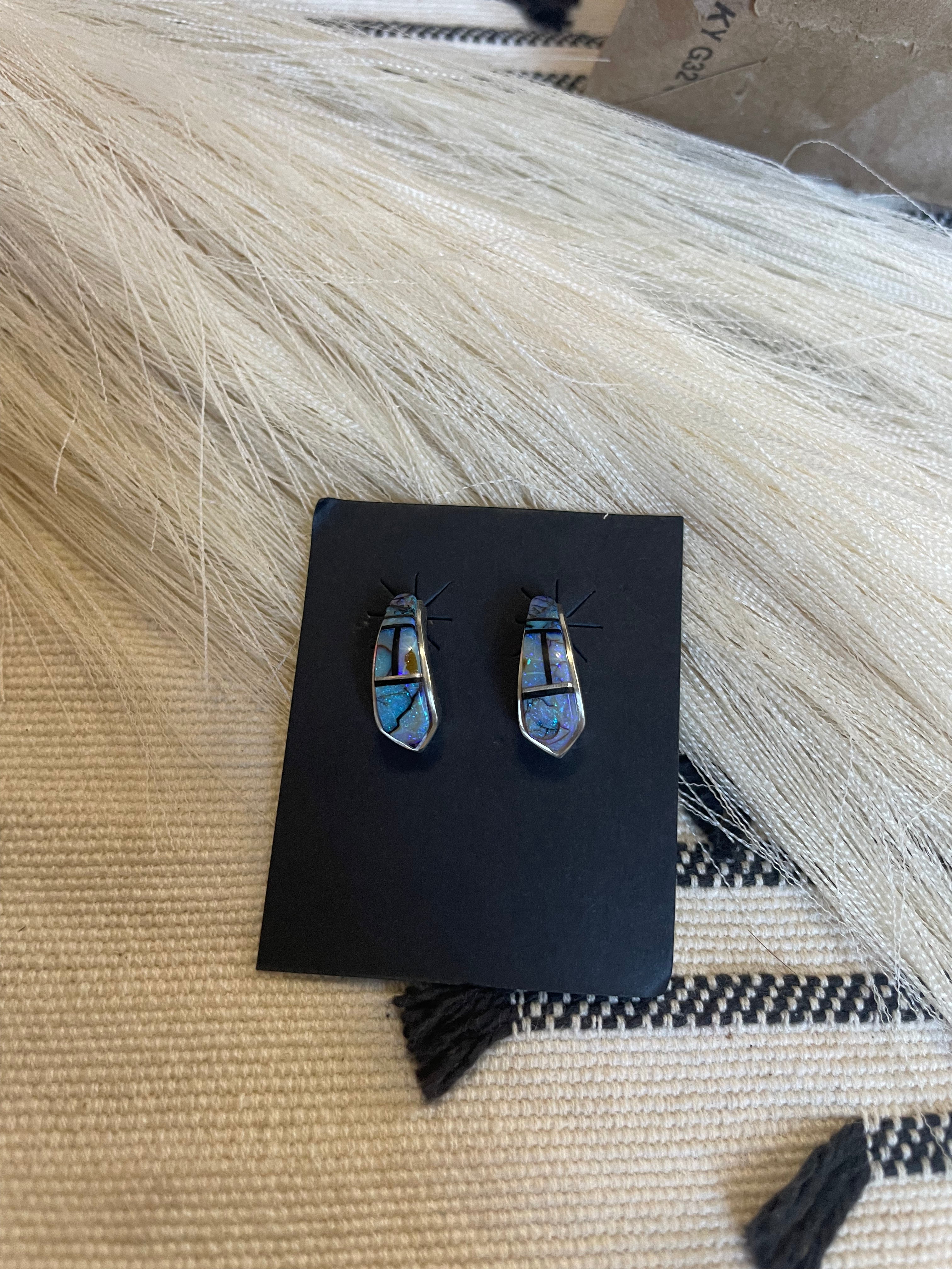 Navajo Blue Opal Inlay & Sterling Silver Earrings