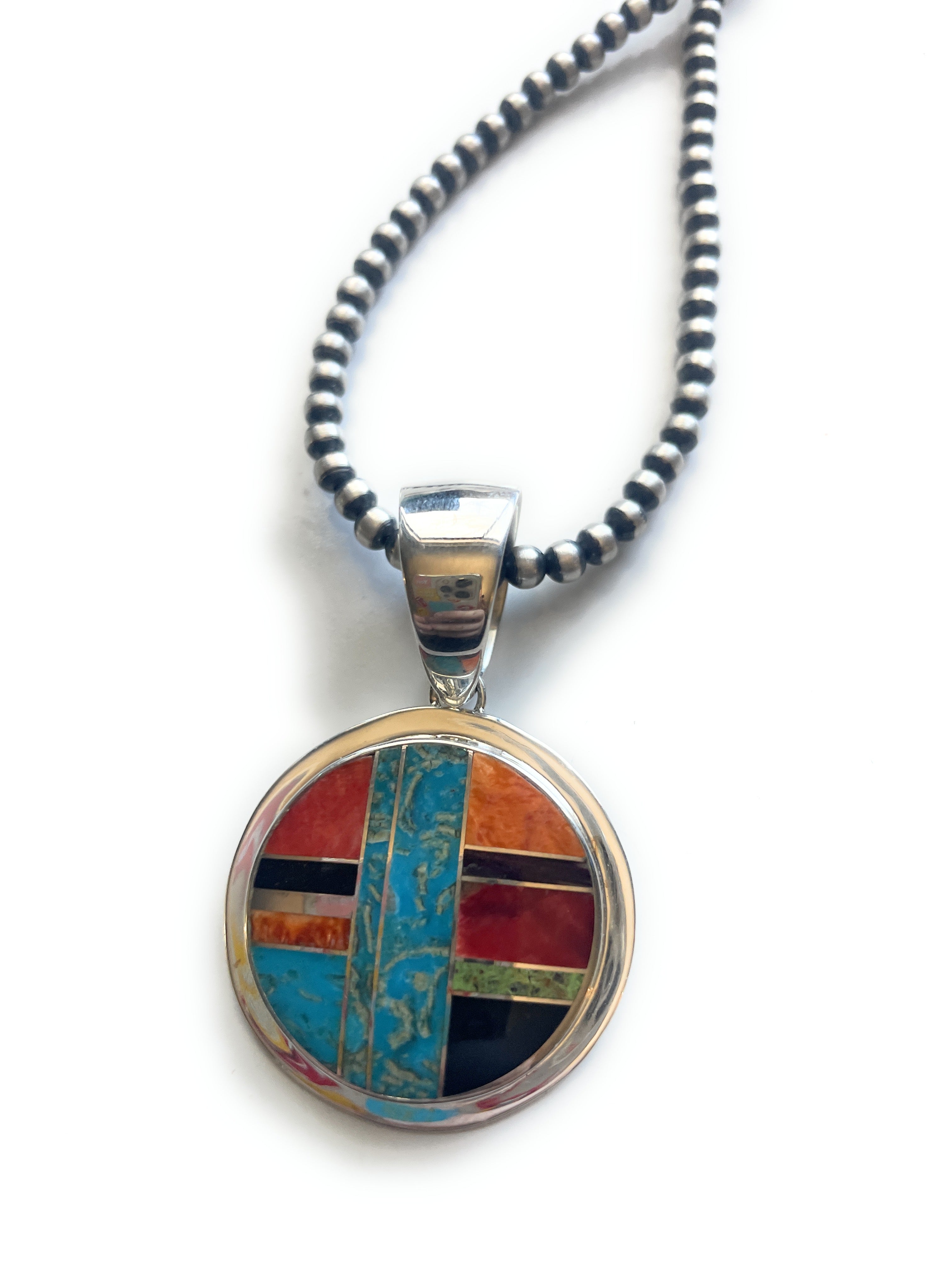 Navajo Multi Stone Inlay & Sterling Silver Circle Pendant