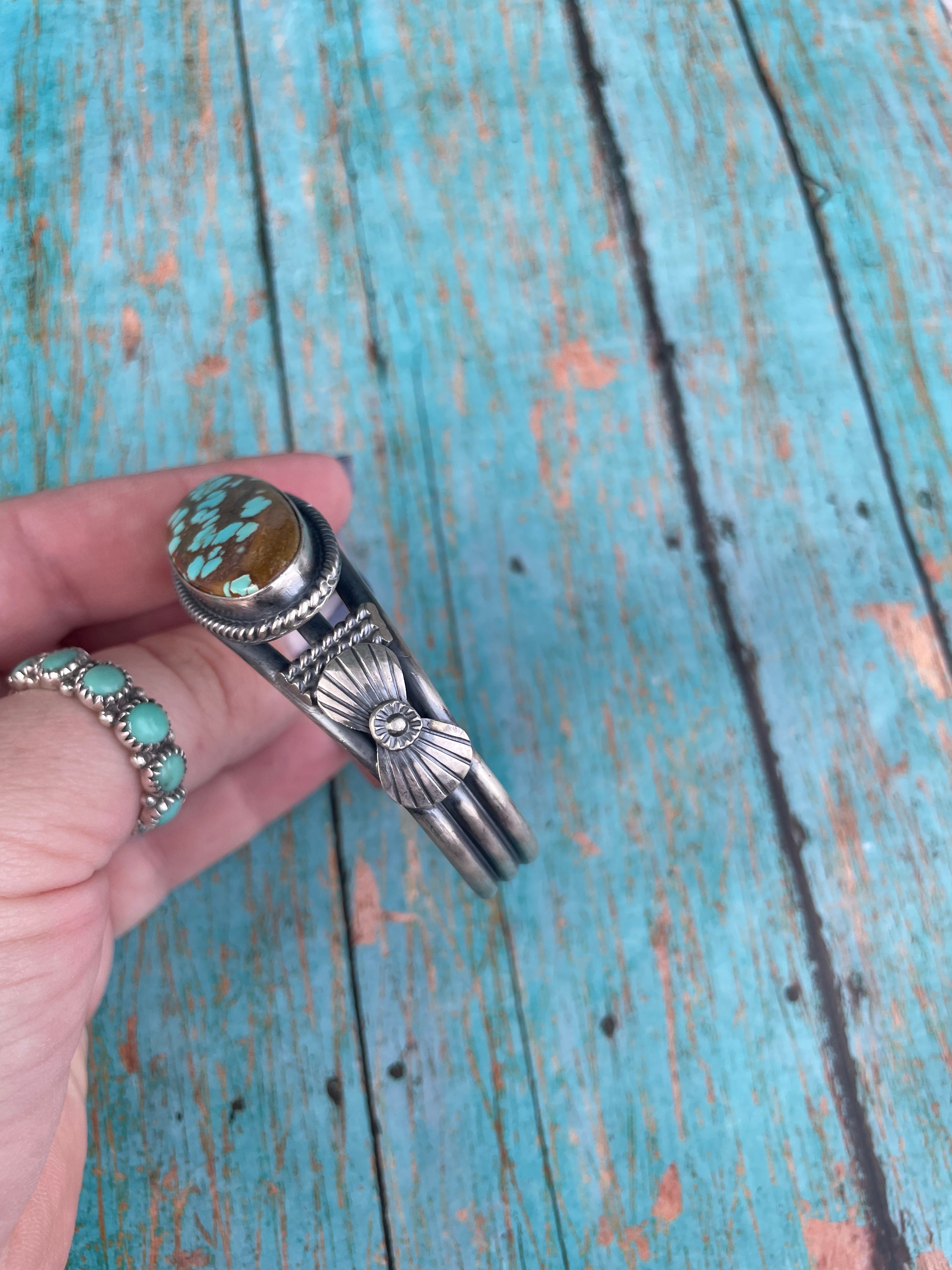 Navajo Sterling Silver & Turquoise Adjustable Cuff Bracelet Signed