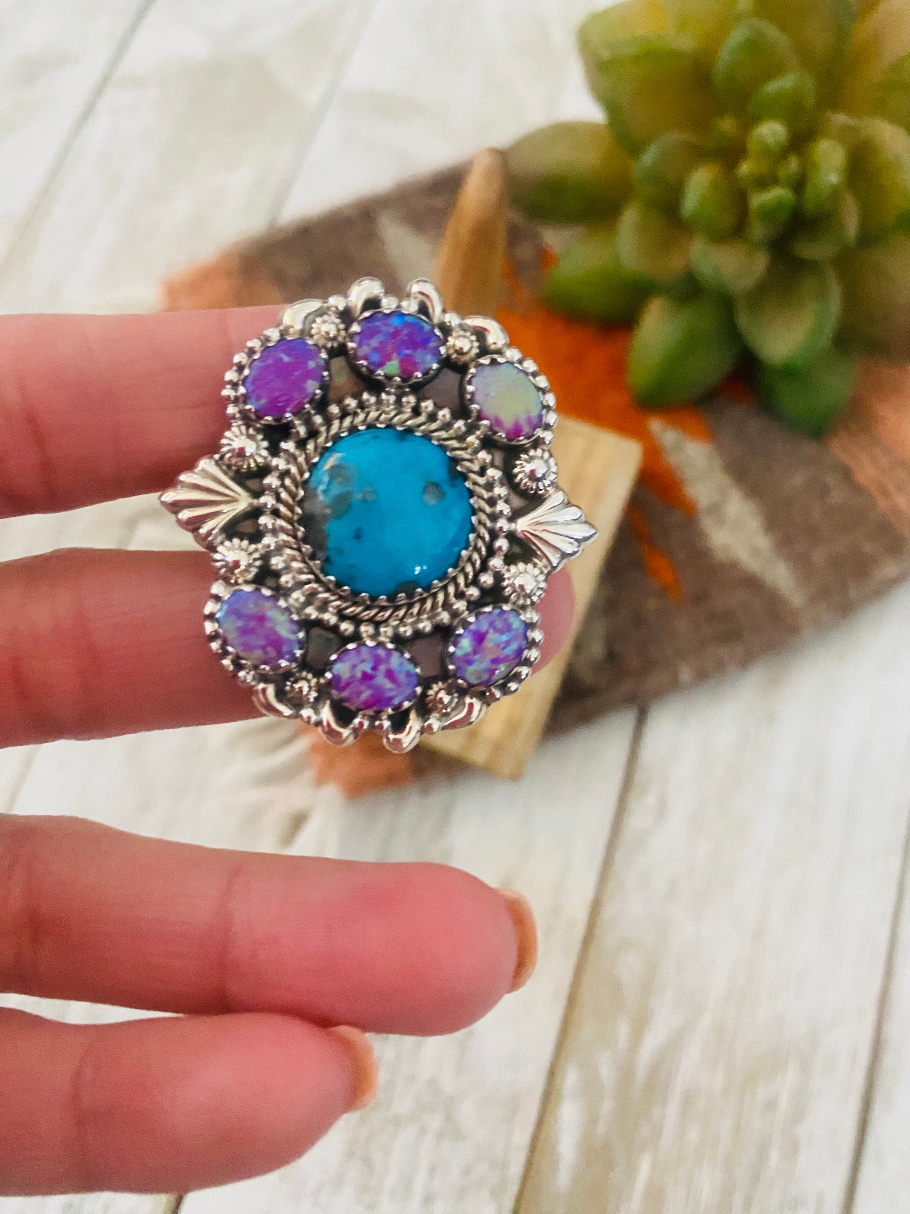 Handmade Sterling Silver, Turquoise & Opal Cluster Adjustable Ring